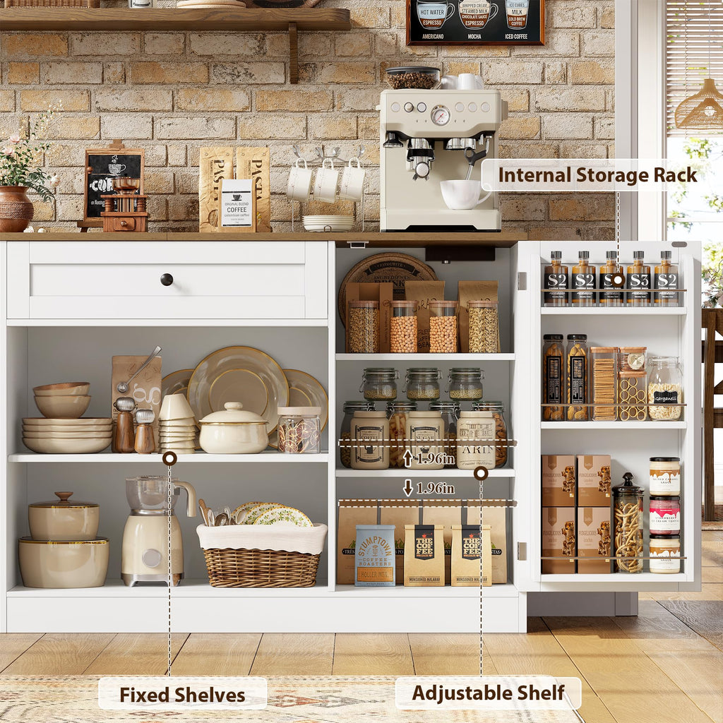 HOSTACK Multifunctional Storage Cabinet - 59" Buffet Cabinet with Charging Station, Large Kitchen Buffet Sideboard with Rolling Cart, Farmhouse Coffee Bar Cabinet with Drawers for Dining Room, White