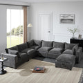 Merax Modern Oversized U-Shaped Sectional Sofa with Piollows & Chaise Lounge, Chenille 7-Seat Couch Set Sleeper Bed with Storage Ottoman for Living Room Gray