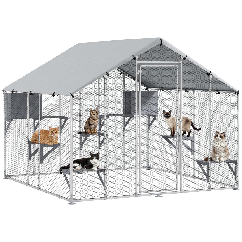 PawHut Catio Outdoor Cat Enclosure, 95" Extra Large Walk-in Cat House with Waterproof Cover, 2 Resting Boxes, 7 Jumping Platforms, Chicken Run Coop, Rabbit Hutch, Feral Cat Shelter Pointed Roof