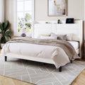 Allewie King Size Platform Bed Frame with Charging Station & Storage Headboard, Upholstered Velvet Wingback Design & USB Port, Strong Wooden Slats Support, No Box Spring Needed, Easy Assembly, White
