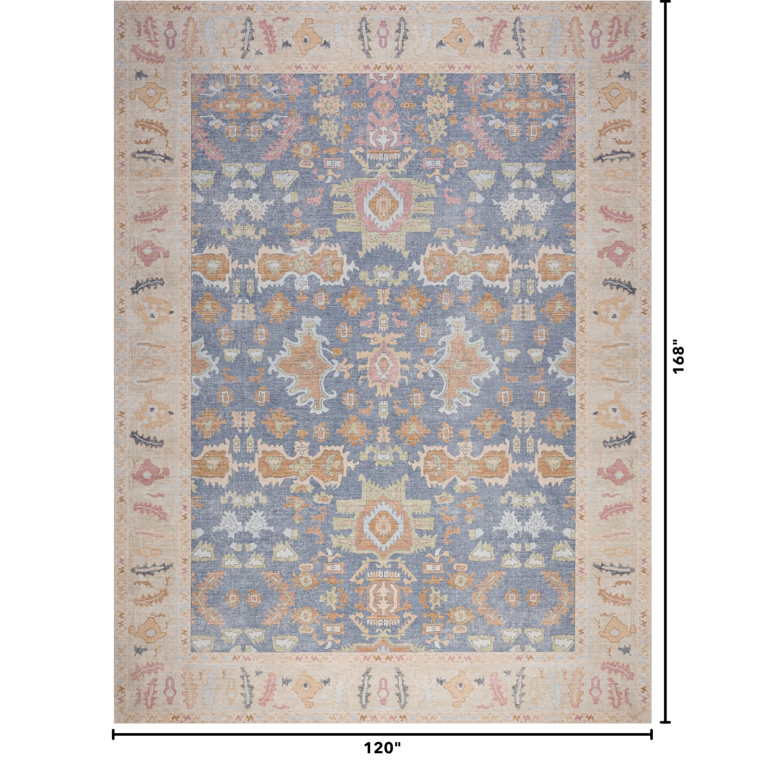 Kuden 10x14 Large Area Rug, Machine Washable Area Rug with Non-Slip Backing, Vintage Style, Soft, Easy Clean, Low Pile Rug for Living Room, Bedroom, Dining Room