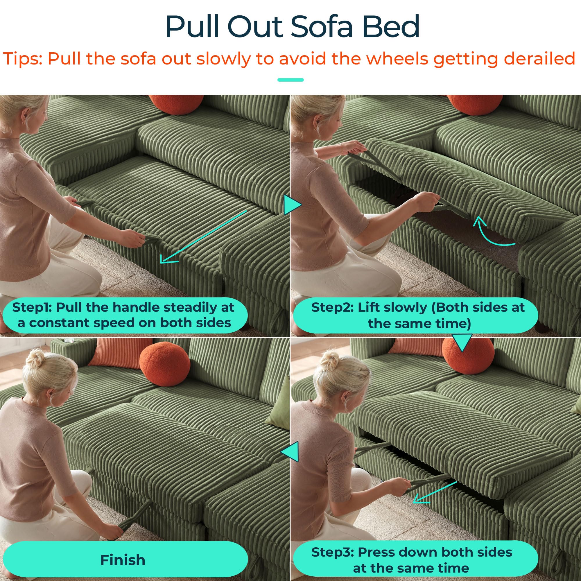 LINSY HOME Pull Out Sofa Bed Sectional Sleeper Sofa with Storage, Plush Corduroy Pullout Modular Sectional Couches for Living Room, U Shaped Convertible Couch Bed for Apartment (Green)