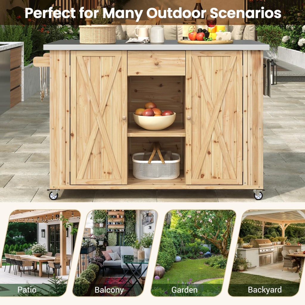 52.25" W Outdoor Grill Cart Table with Stainless Steel Tabletop, Patio Kitchen Island Storage Cabinet for BBQ, Bar