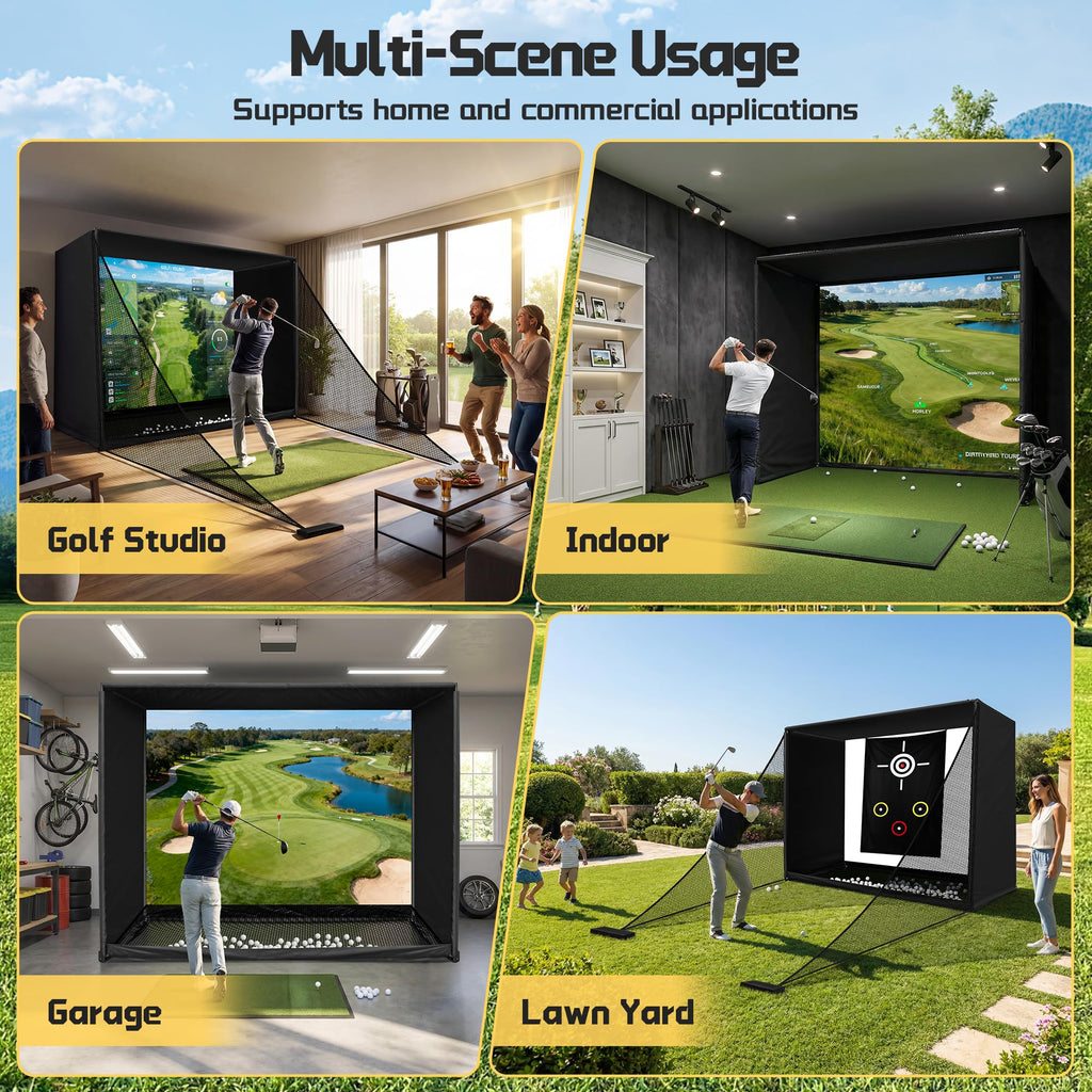 Golf Simulator Enclosure Net 10x8FT Golf Practice Simulator with HD Impact Screen Kit & Sturdy EPE Foam-Filled Frame Golfs Cage Net with Safety Side Nets for Home Indoor Setup