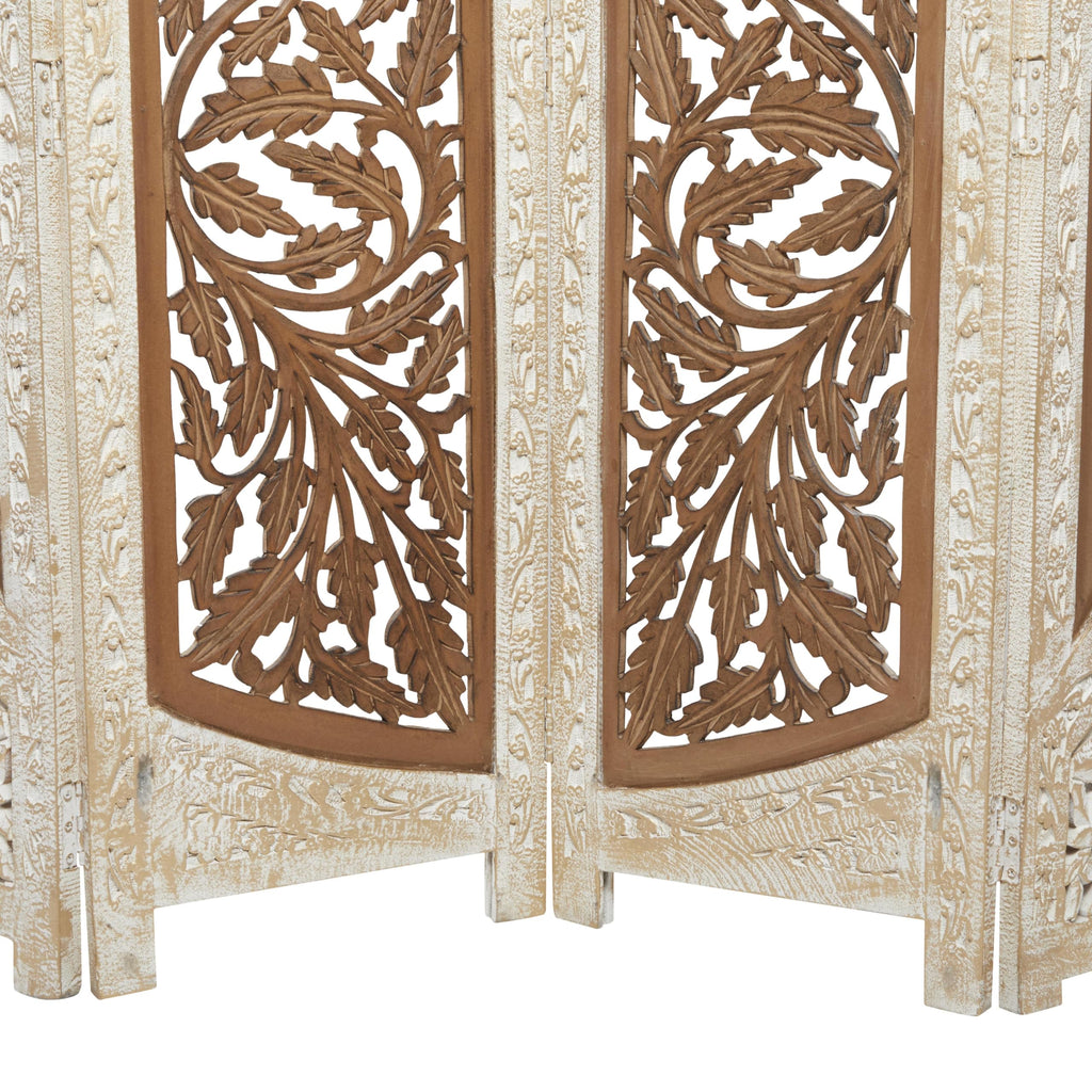 Deco 79 Mango Wood Floral Handmade Partition Room Divider Screen Foldable Arched Partition 4 Panel Privacy Screen with Intricately Carved Designs, Room Partition 62" x 1" x 72", Brown