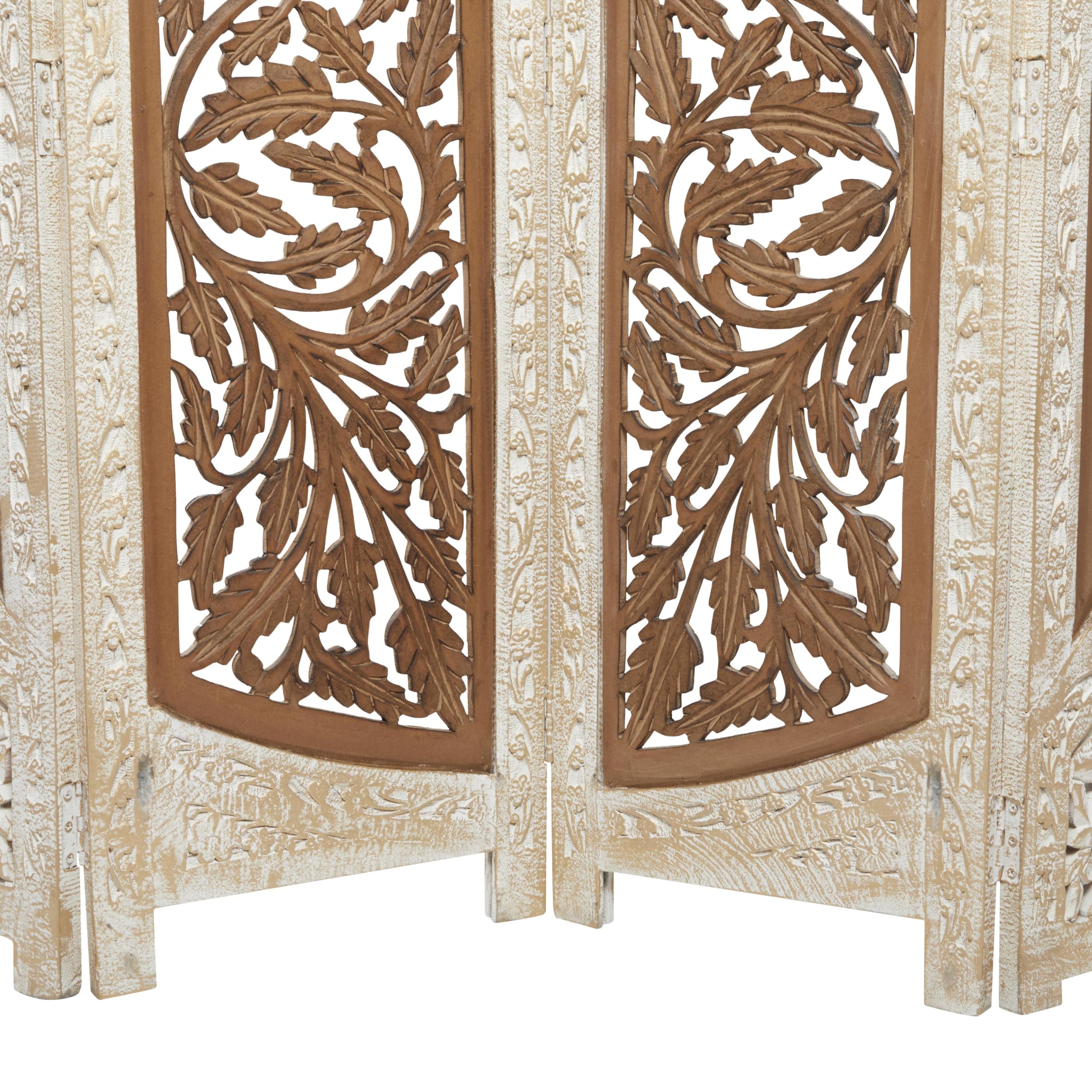 Deco 79 Mango Wood Floral Handmade Partition Room Divider Screen Foldable Arched Partition 4 Panel Privacy Screen with Intricately Carved Designs, Room Partition 62" x 1" x 72", Brown