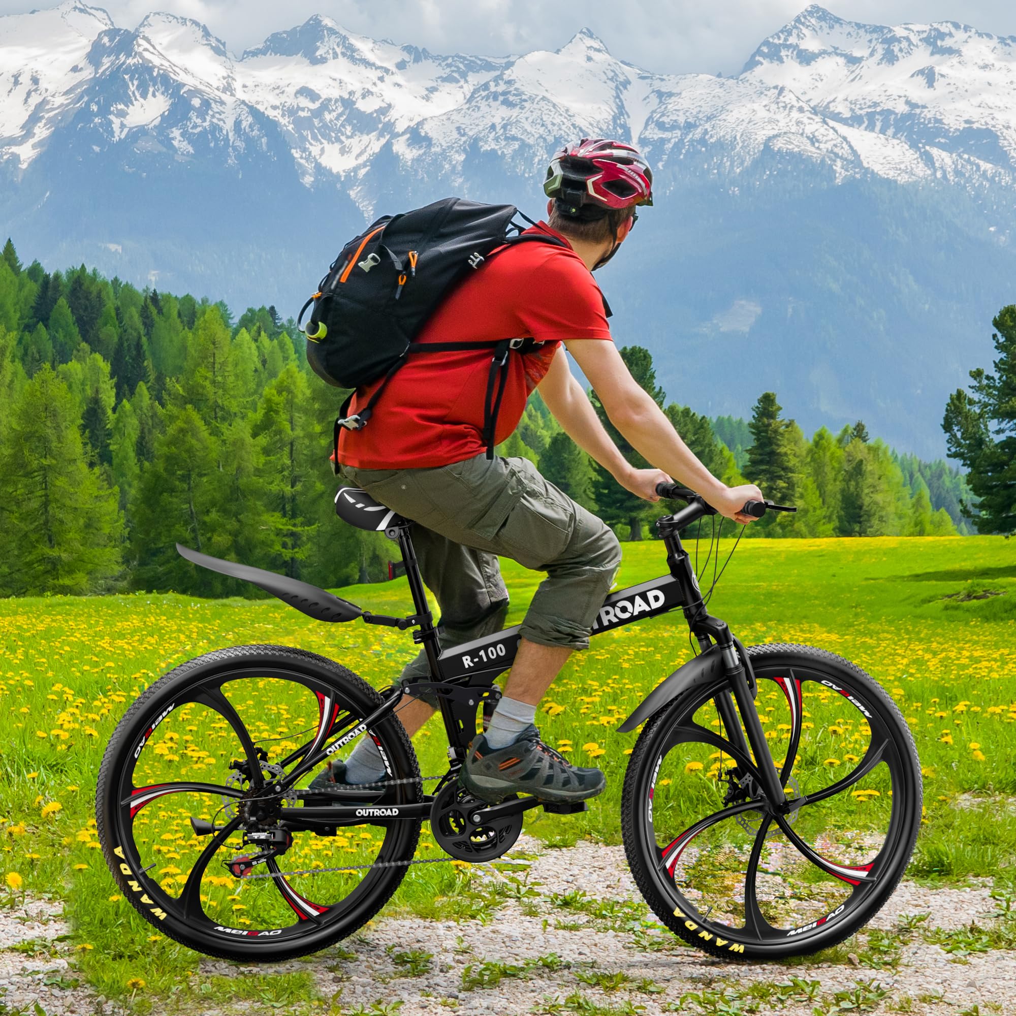 MarKnig 26 Inch Adult Folding Bikes/Mountain Bikes, 21 Speeds Mountain Bicycles with Full Suspension, Dual Disc Brake, High Carbon Steel Frame, Foldable Bike for Men/Women/Teen, LH-Black