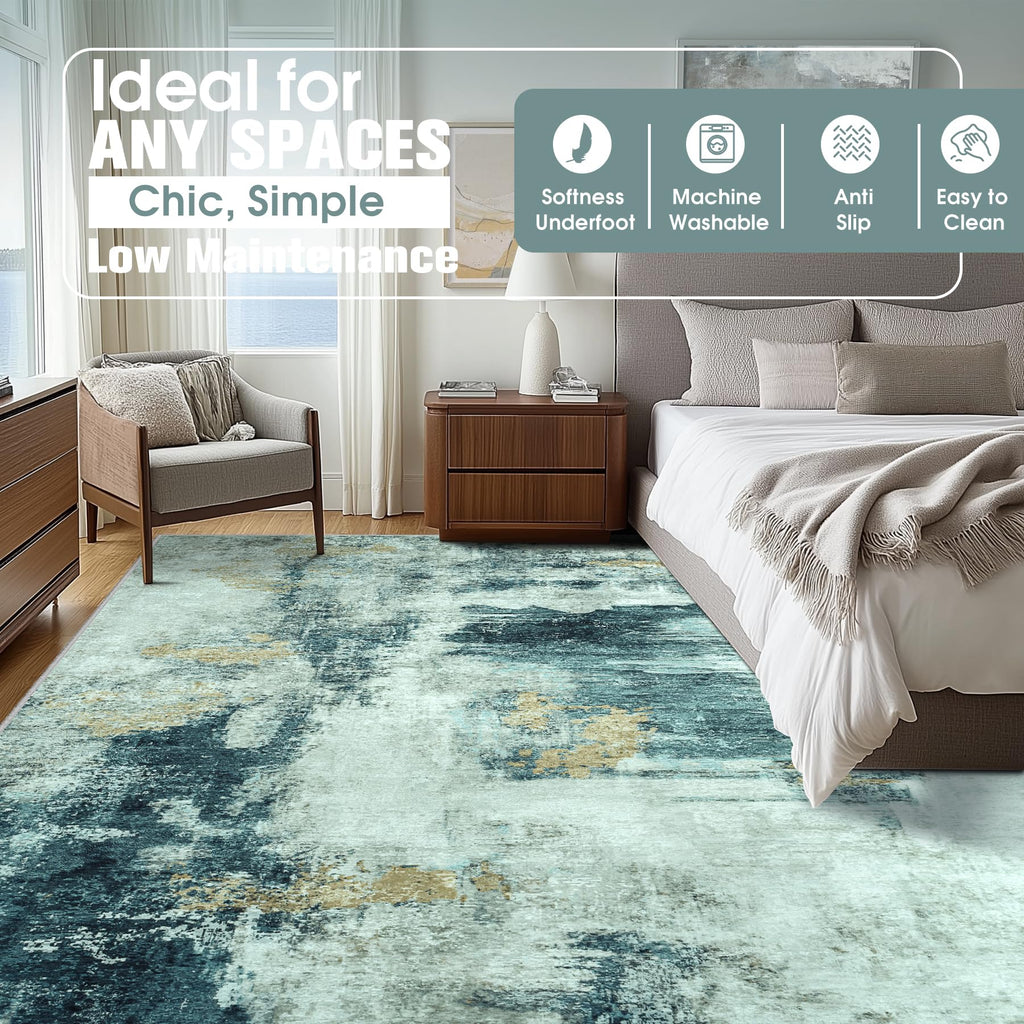 10x14 Area Rugs for Living Room Rug Washable: Abstract Large Rug Indoor Modern Carpet Non Slip for Dining Room Bedroom Nursery Home Office Teal Grey Gold