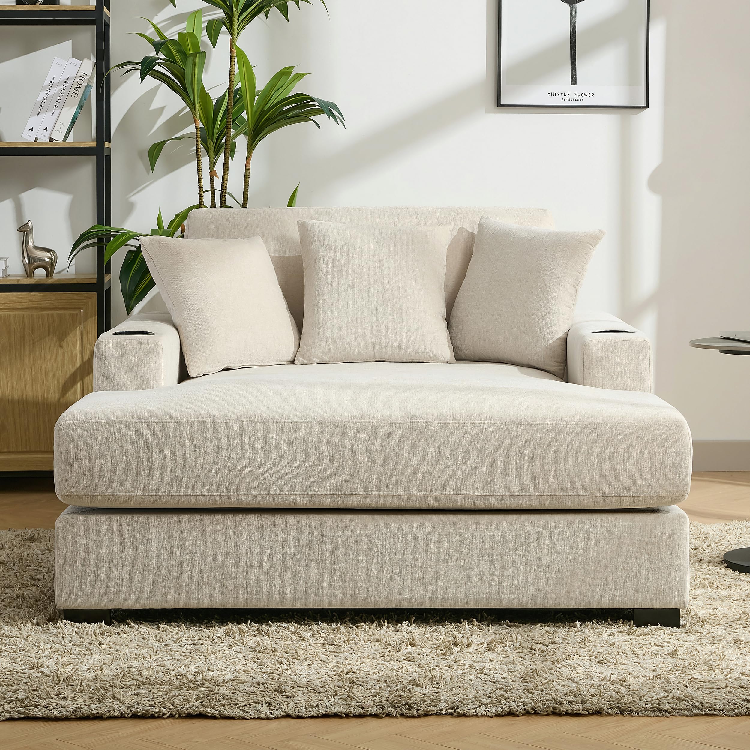 Merax Modern 55" Chaise Lounge with Pillow, Charge Station & Cup Holders,Upholstered Sofa Recliner Chair for Living Room Bedroom Cream