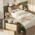 VINGLI Full Size Rattan Murphy Bed with Storage Drawer,2 Charging Station, Boho,Hideaway Paltform Panel Bed for Small Spaces,Guest Room,Office,Apartment, Space-Saving Cabinet Bed,Oak White
