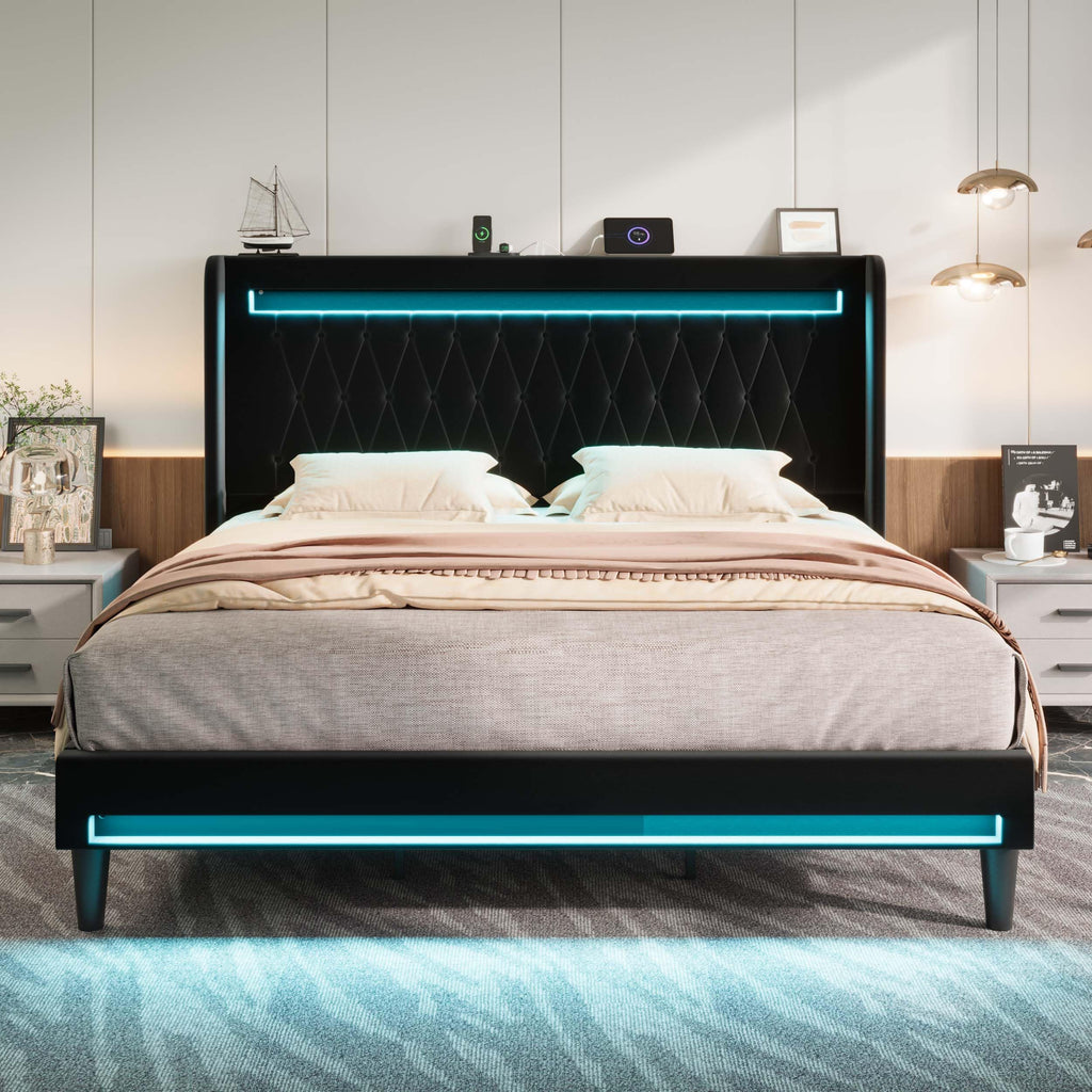 Allewie Upholstered King Size Platform Bed Frame with LED Light and Charging Station, Button Tufted High Headboard, Wingback Design, Noise Free, Easy Assembly, No Box Spring Needed, Black