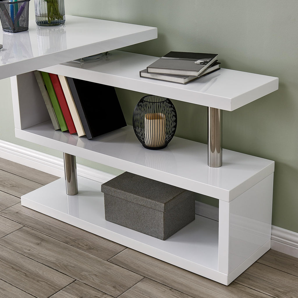 SEI Furniture Yates Multifunctional Corner/L Desk w/ Shelves, White-chrome