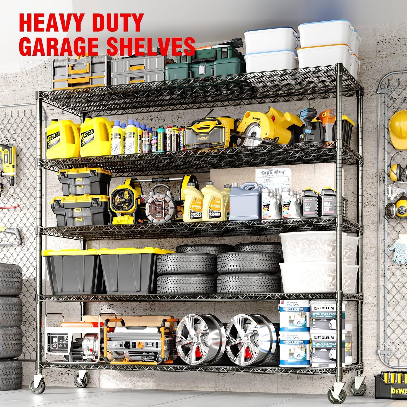 ActiveTrail 82.6" H x 59" W Storage Rack with Wheels, 5-Tier Heavy-Duty Wire Shelving Unit, Adjustable Shelves, Supports up to 3300 LBS, Ideal for Garage, Kitchen, Pantry, and Home Organization
