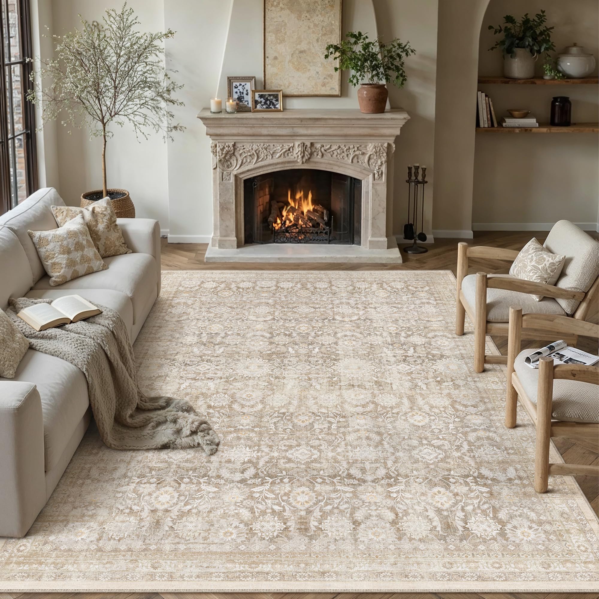 WondRg 9x12 Beige Washable Modern Area Rug Living Room Non Slip Low Pile Floral Extra Large Rug Vintage Traditional Stain Resistant Carpet Bedroom Office Indoor Playroom