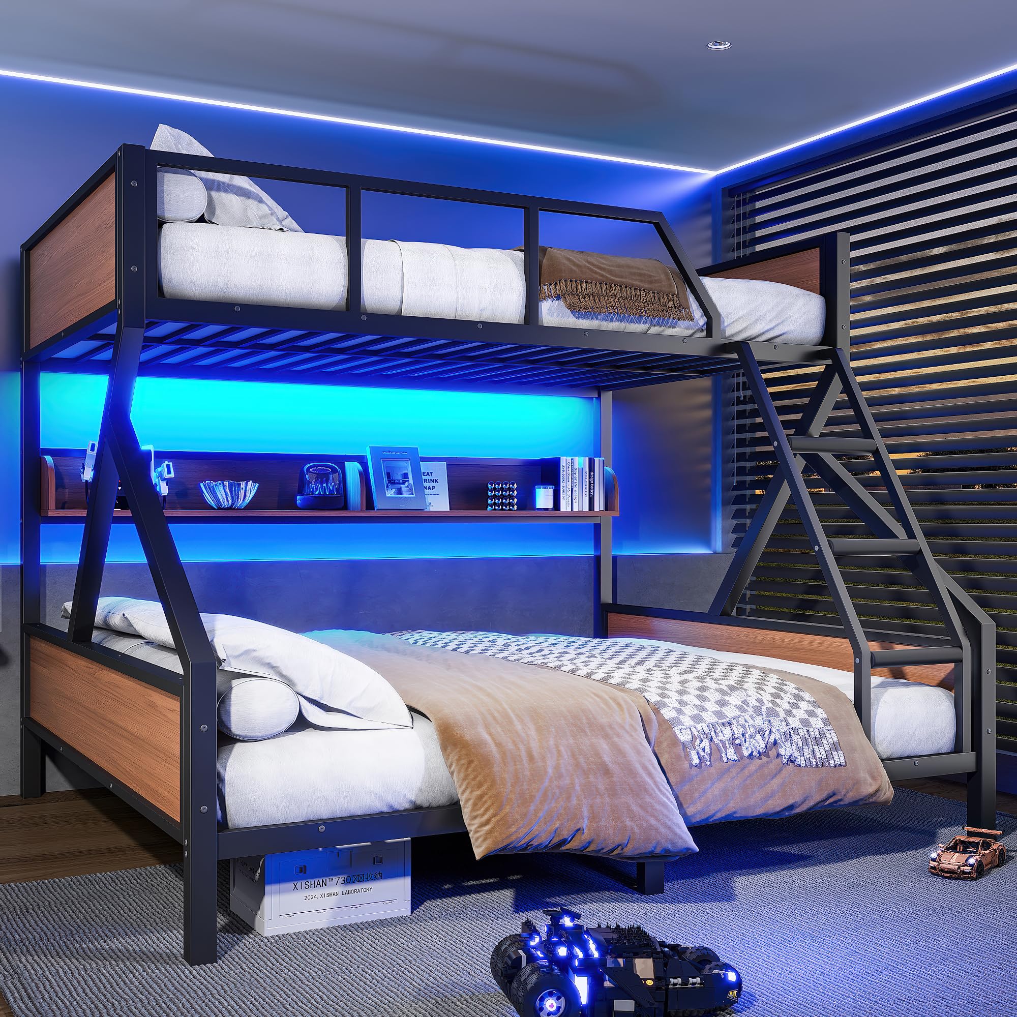 Bellemave Queen Over King Size Bunk Bed with Storage Shelves and LED Lights,Heavy Duty Adult Bunk Beds with Angled Ladder,Metal Queen Bunk Bed,Black