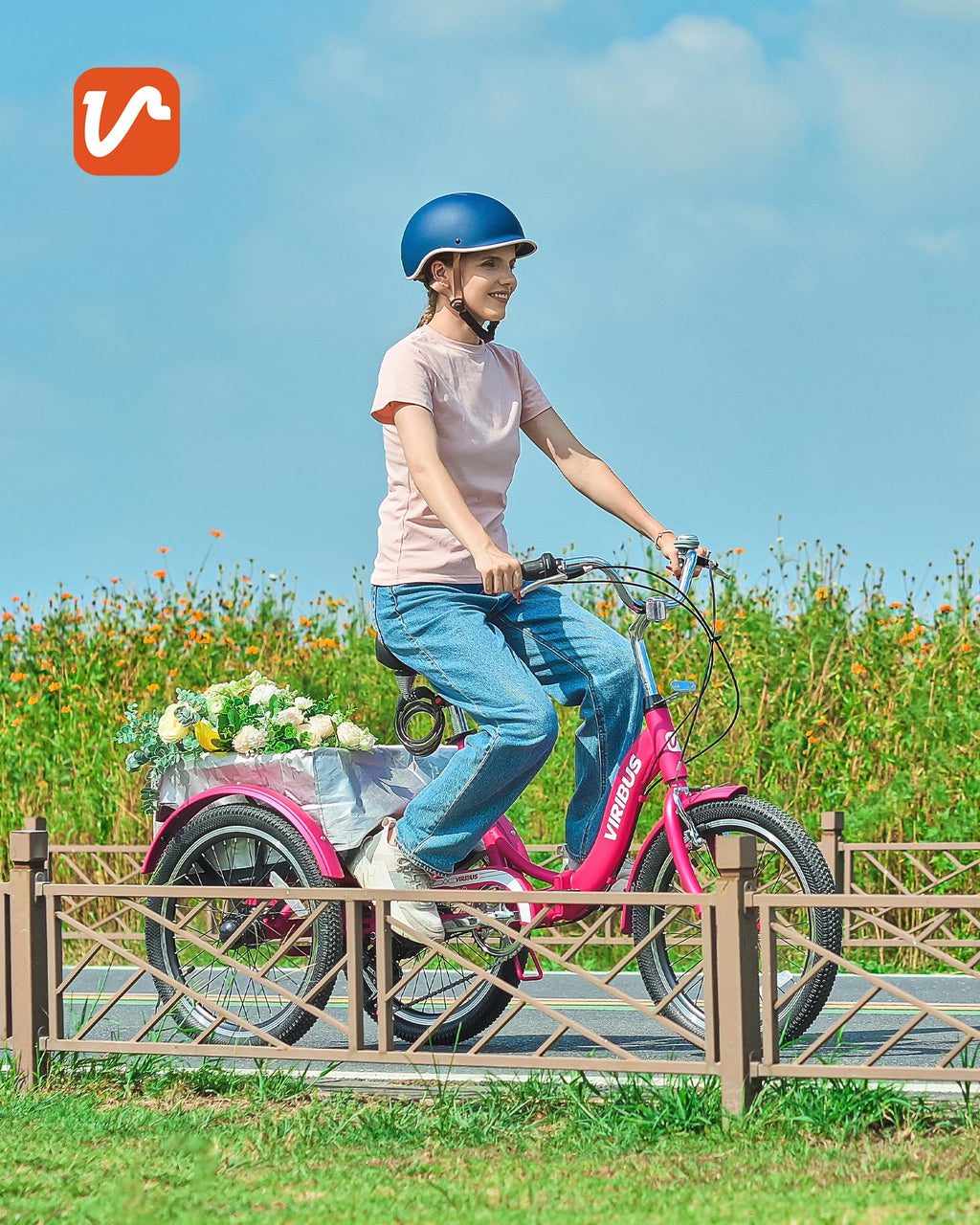 VIRIBUS Folding Tricycle for Adults, 7 Speed 20 Inch Mini Foldable 3 Wheel Bikes for Women Seniors with Dual Chain & Low Step-Through Frame, Collapsible Trike with Cargo Basket, 330 lbs, Hot Pink