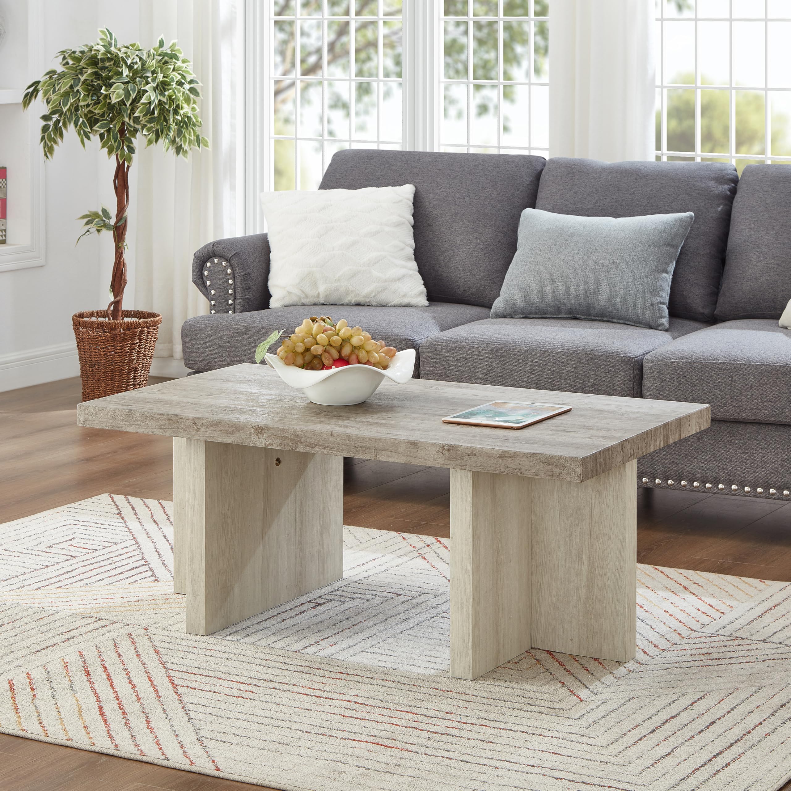 Roundhill Furniture Mchome 3-Piece Coffee Table Set, Coffee Table and Two End Tables, Weathered Gray and Beige