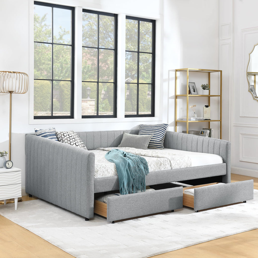 Ball & Cast Queen Size Daybed with Storage Drawers, Linen Upholstered Sofa Bed with Channel Tufted Backrest, Day Bed Frame with Wood Slats Supports, No Box Spring Needed,Grey