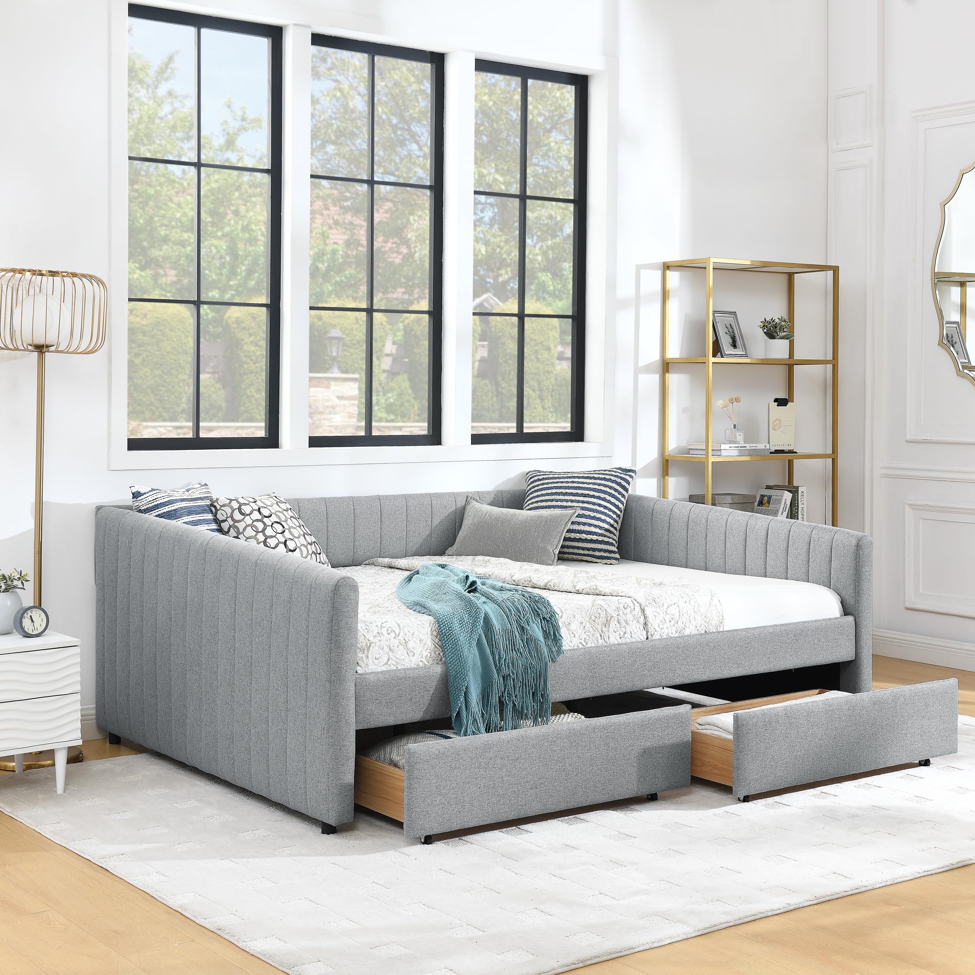Ball & Cast Queen Size Daybed with Storage Drawers, Linen Upholstered Sofa Bed with Channel Tufted Backrest, Day Bed Frame with Wood Slats Supports, No Box Spring Needed,Grey