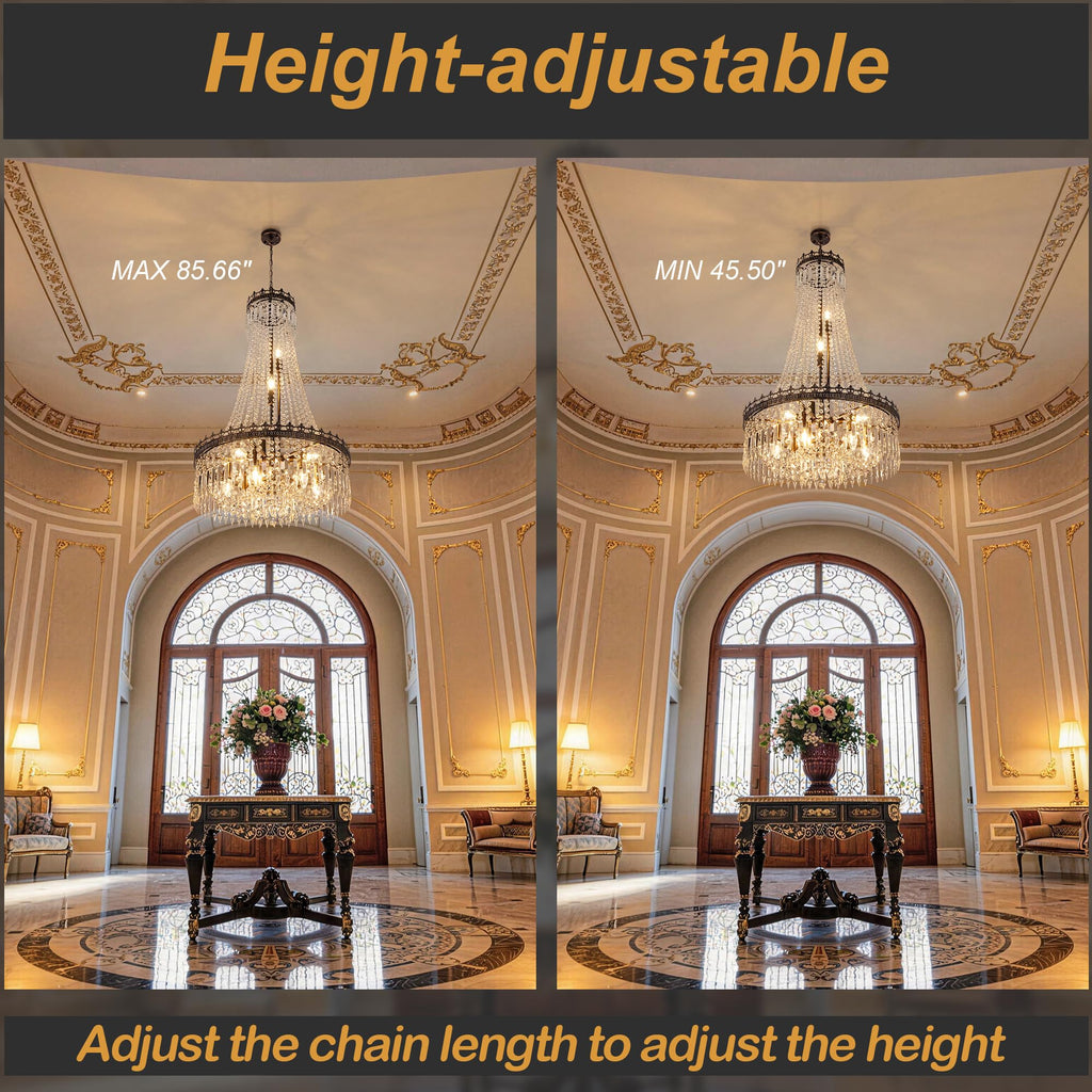 TOCHIC French Empire Crystal Chandeliers,9 Lights Rustic Farmhouse Chandelier,High Ceiling Light Fixture for Entryway,Antique Bronze Chandeliers for Dining Living Room,Foyer,Staircase,24" W x 40'' H