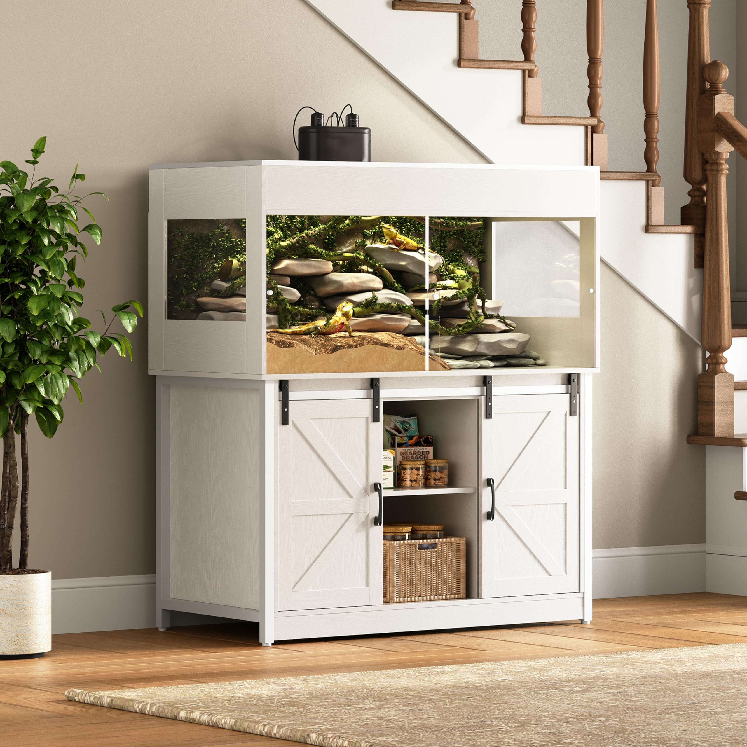 Herture 120 Gallon Reptile Terrarium with Stand, 4x2x2 Bearded Dragon Enclosure for Snakes Lizards, Large Vivarium Tank with Storage Cabinet, Acrylic Doors, Mesh Lid, Power Outlet White PX04RTWW