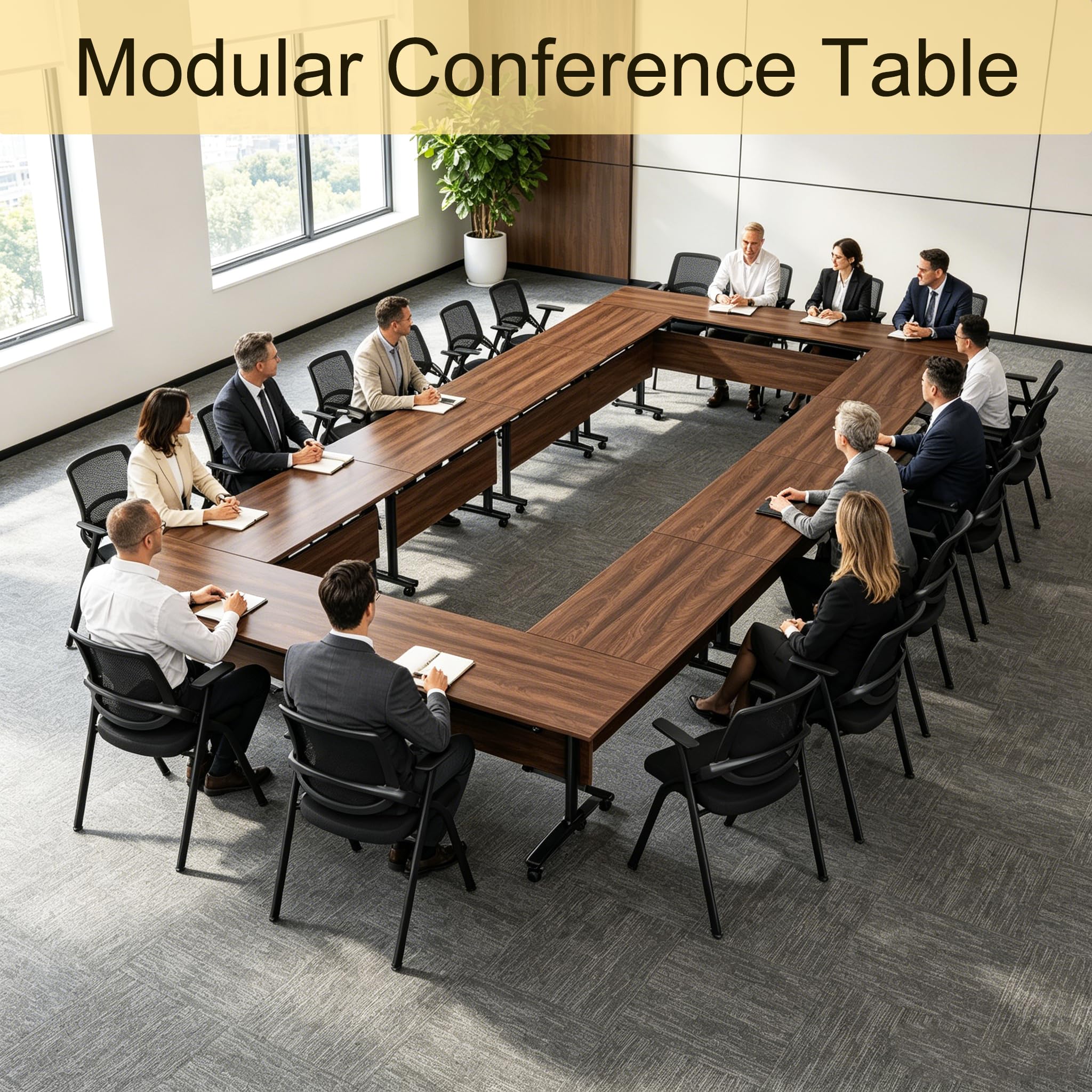 Modular Folding Conference Room Table with Wheels - 6 Pack Flip Top Mobile Training Table,Modern Meeting Tables 2-30 Person,Walnut,70.9"x21.6"x29.5"