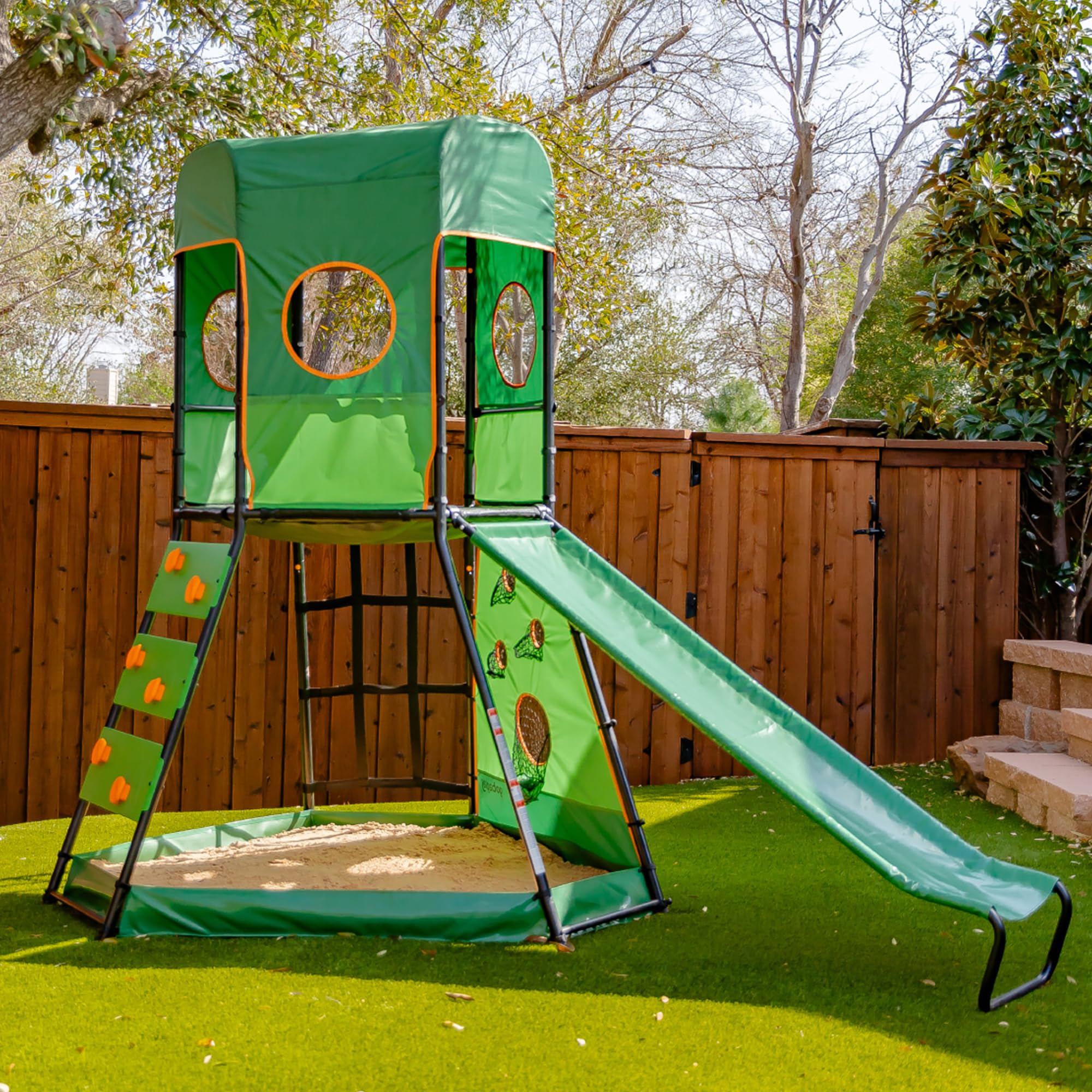 gobaplay SummitPro Climbing Tower with Slide, 600 lb Capacity, Green - Outdoor Backyard Playset with Climbing Walls and Sandbox for Kids 6+
