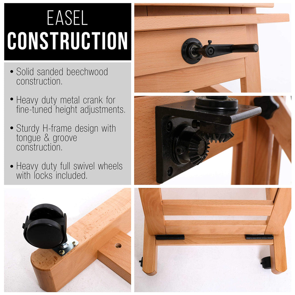 U.S. Art Supply Double Rocker Crank Heavy Duty Extra Large Wooden Studio Floor Standing Easel - Double Mast Adjustable H-Frame Art Easel for Painting, Canvas Holder, Display Stand with Locking Wheels