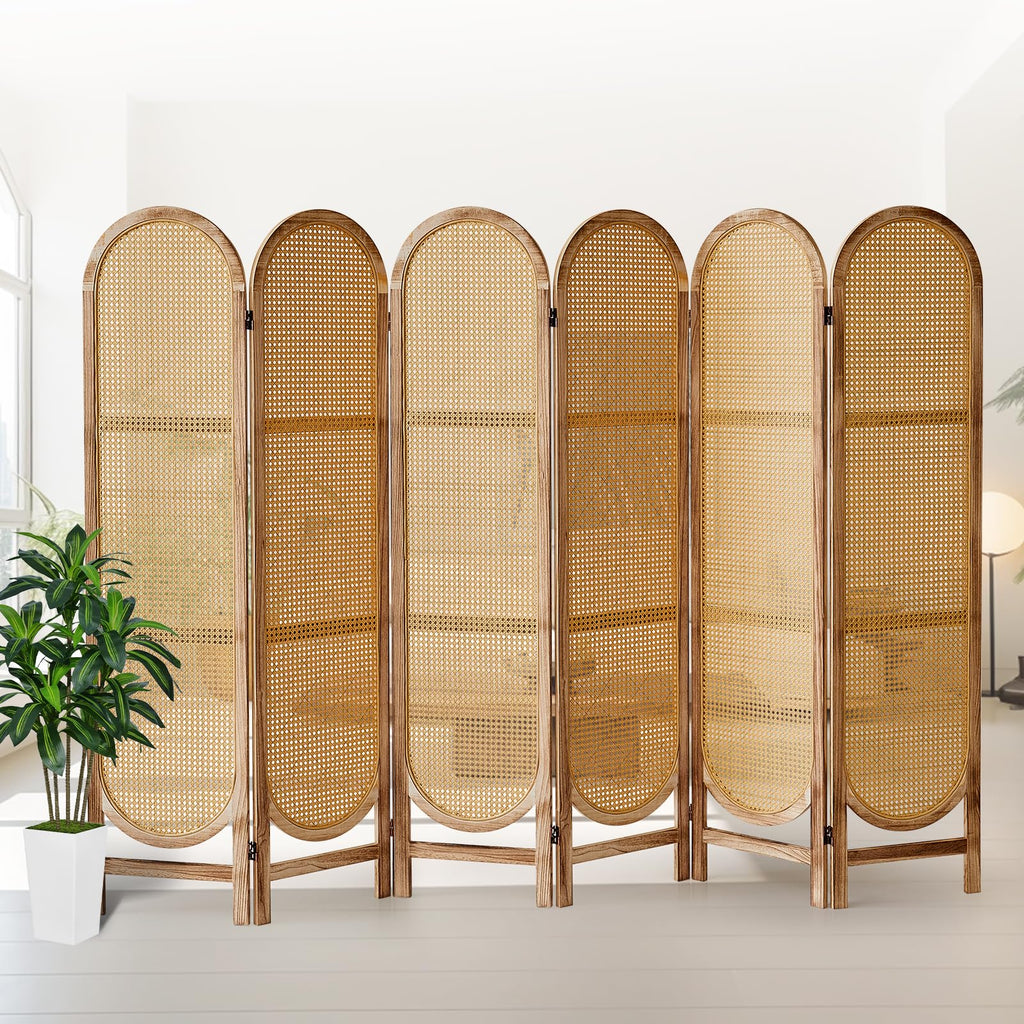 Asnefeli 6 Panels Room Divider, Foldable Wooden Room Divider, Individual Privacy Screen Made of Hand-Woven Rattan, Portable Wall Divider for Home Office Bedroom Bathroom Dressing Room (Natural)
