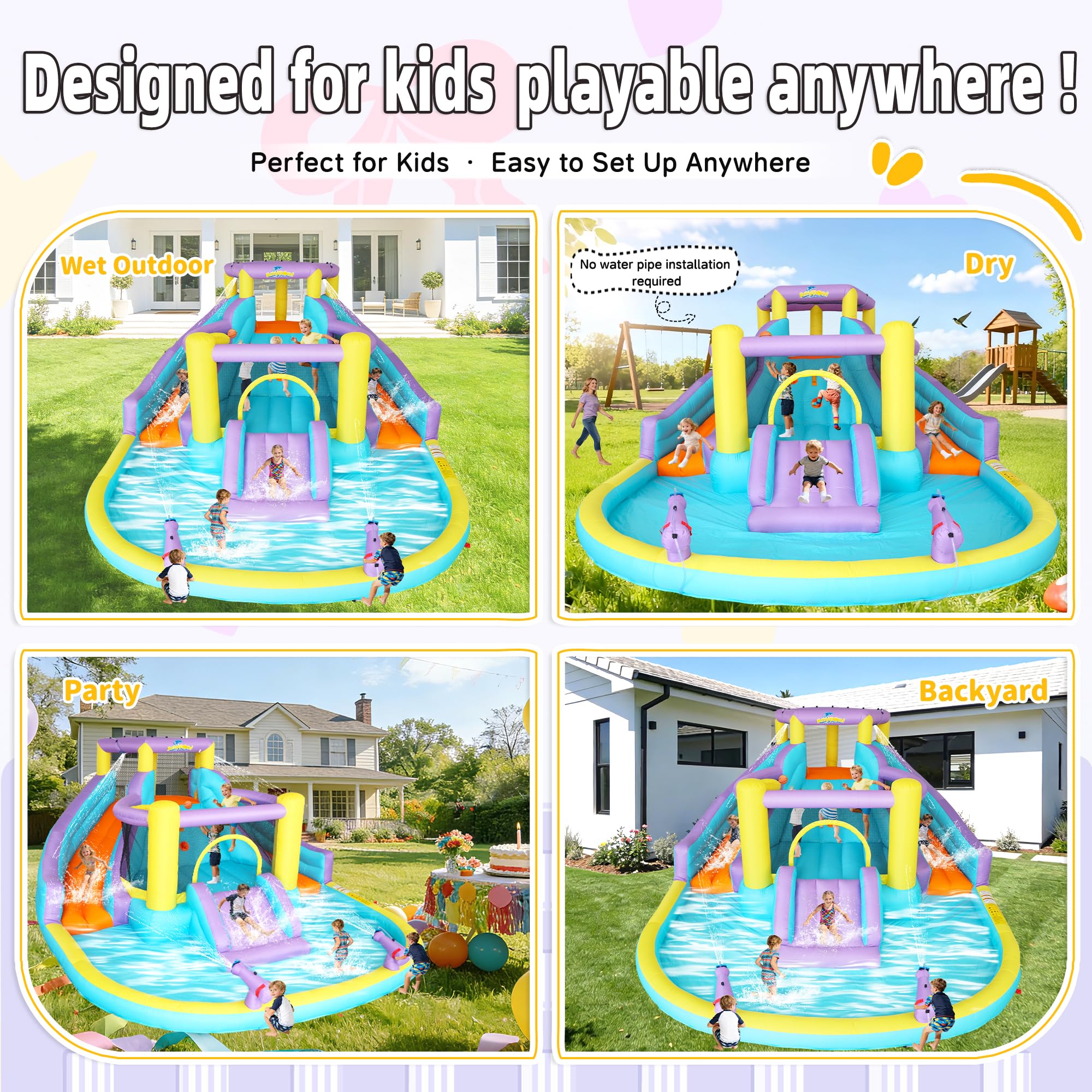 7-in-1 Inflatable Water Slide Bounce House with 3 Slides, Splash Pool, Climbing Wall, Water Gun & Basketball – for Kids Aged 3-10, 520W Blower, 168 x 150 x 78 Inches, Outdoor Backyard Fun