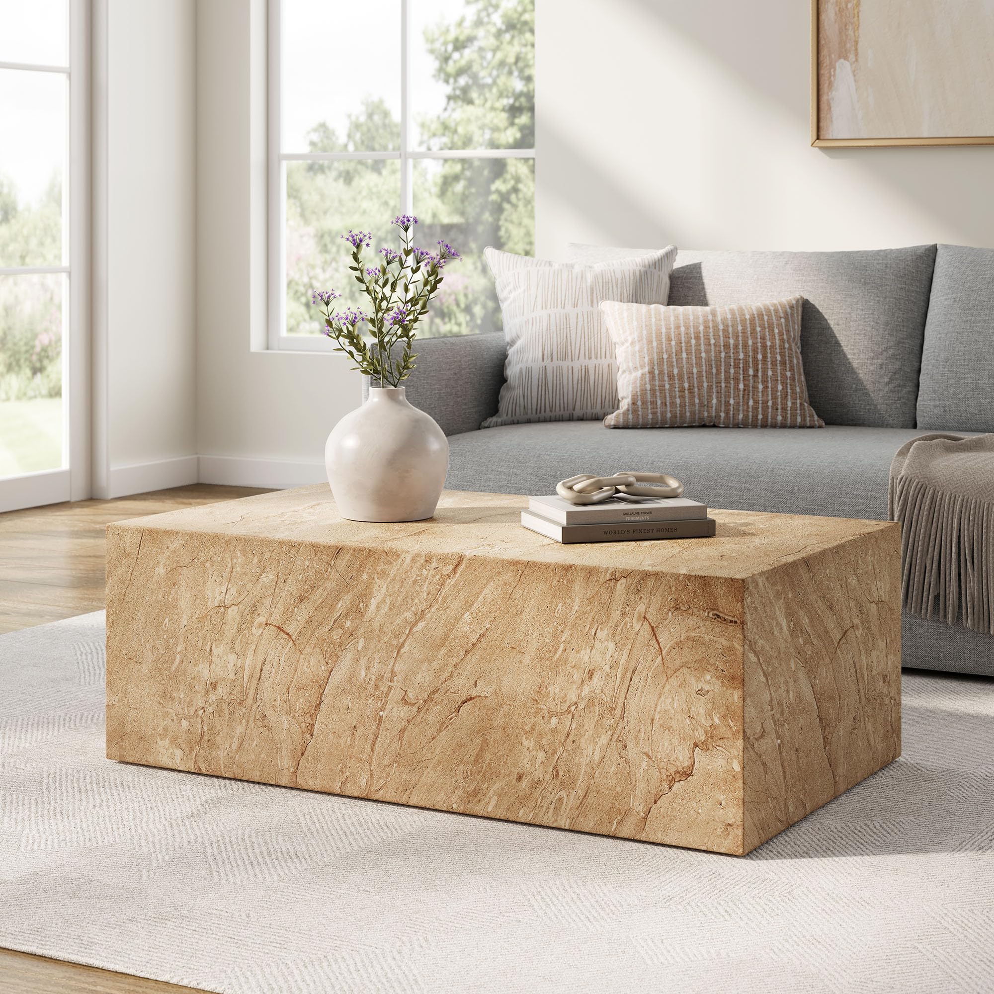 Modway Jordana 47 Inch Rectangle Concrete Coffee Table in Travertine – Plinth Coffee Table with Faux Stone Finish – Concrete Furniture Center Table for Living Room or Patio