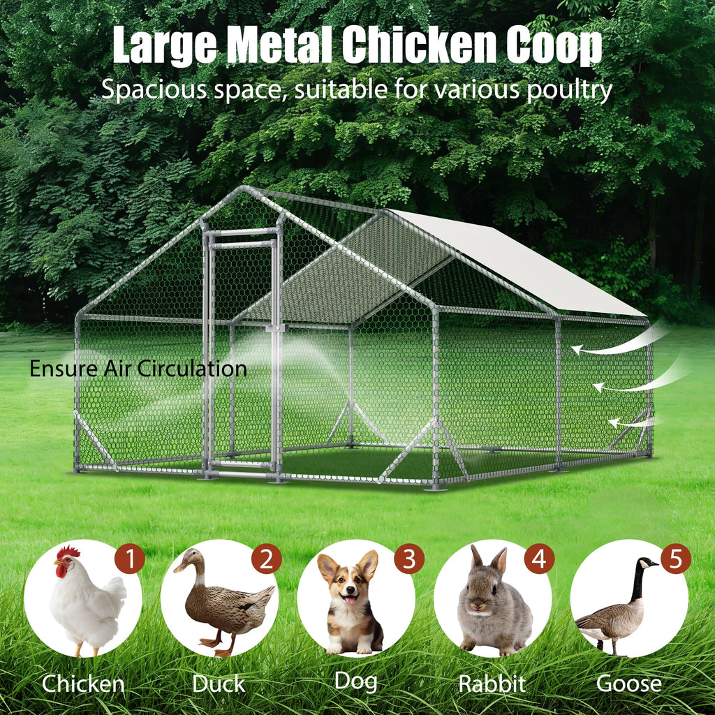 YOPTO Metal Chicken Coop,10x13x6.56ft Large Walk-in Chicken Runs W/Waterproof & Anti-Ultraviolet Cover,Spire Roof Hen House Enclosure W/Security Lock,Outdoor Poultry Pen for Backyard,Farm,Yard