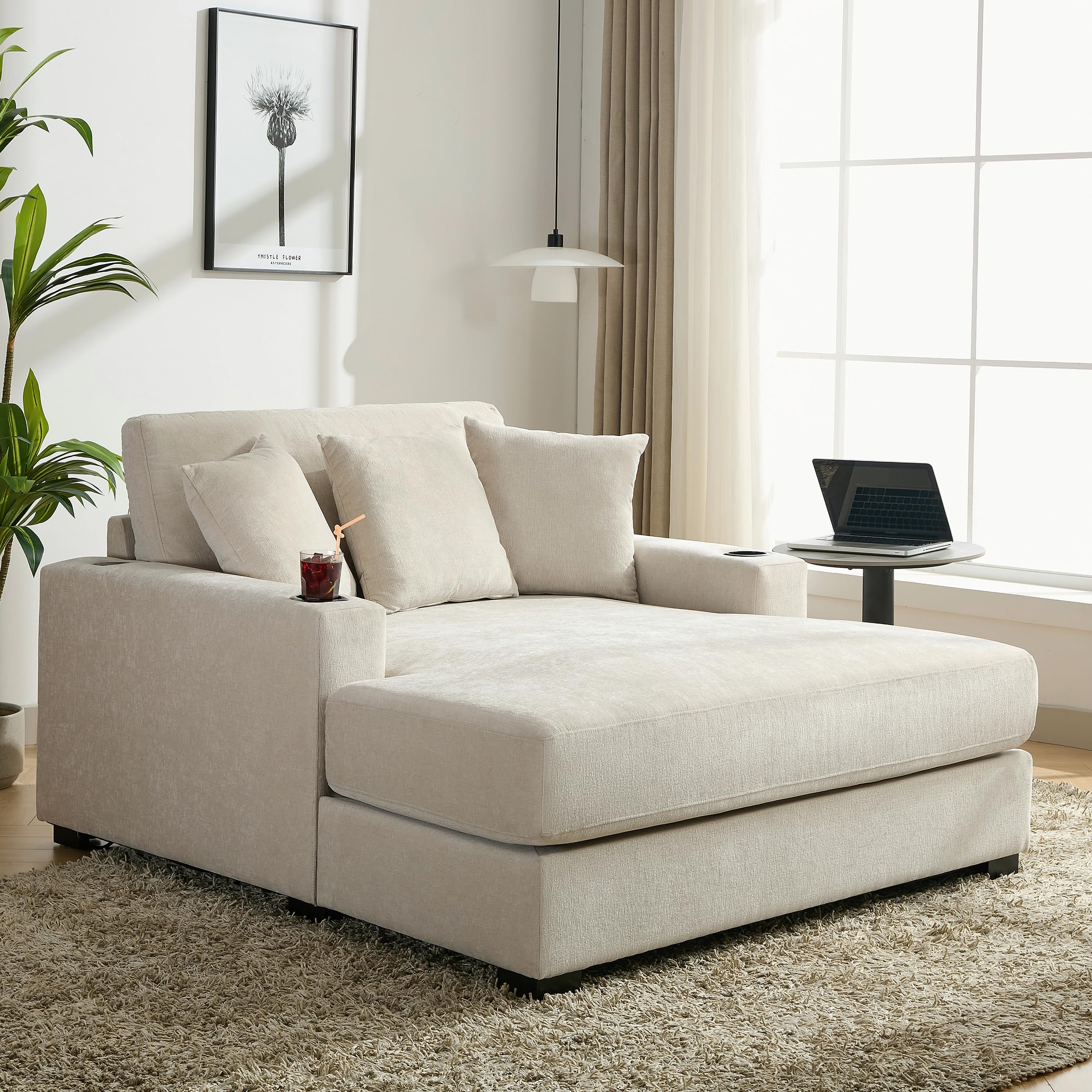 Merax Modern 55" Chaise Lounge with Pillow, Charge Station & Cup Holders,Upholstered Sofa Recliner Chair for Living Room Bedroom Cream