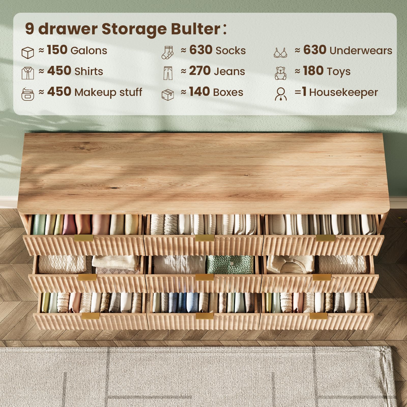 TROJM 63'' Wide 9 Drawers Dresser for Bedroom,Modern Fluted Vertical Chest with Rounded Corners,Fluted Dresser for Living Room,Hallway, Natural Wood