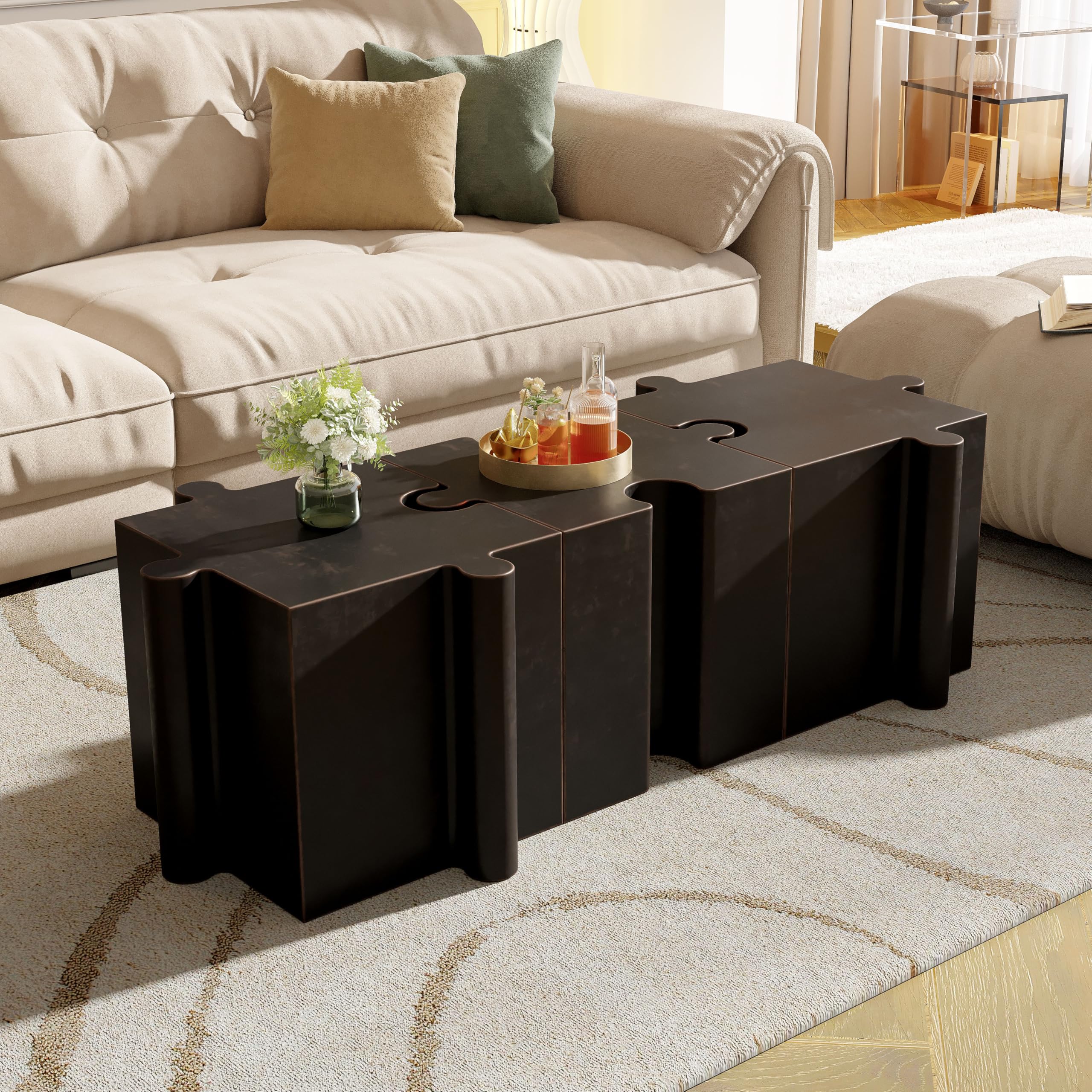 Christopher Knight Home Daton 3 Piece Interlocking Outdoor Side Table Set, Modular Lightweight Concrete Coffee Table, Convertible MGO End Table for Indoor&Outdoor, Design for Creative Set Up, Copper