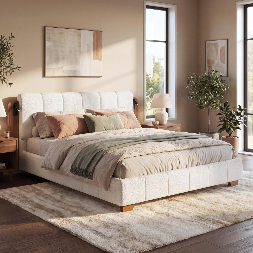 Christopher Knight Home Dora Boucle Upholstered King Bed Frame and Headboard, King Platform Bed and Reading Light, Wooden King Size Bed Frame with Tufted Design, No Box Spring Needed, White + Brown