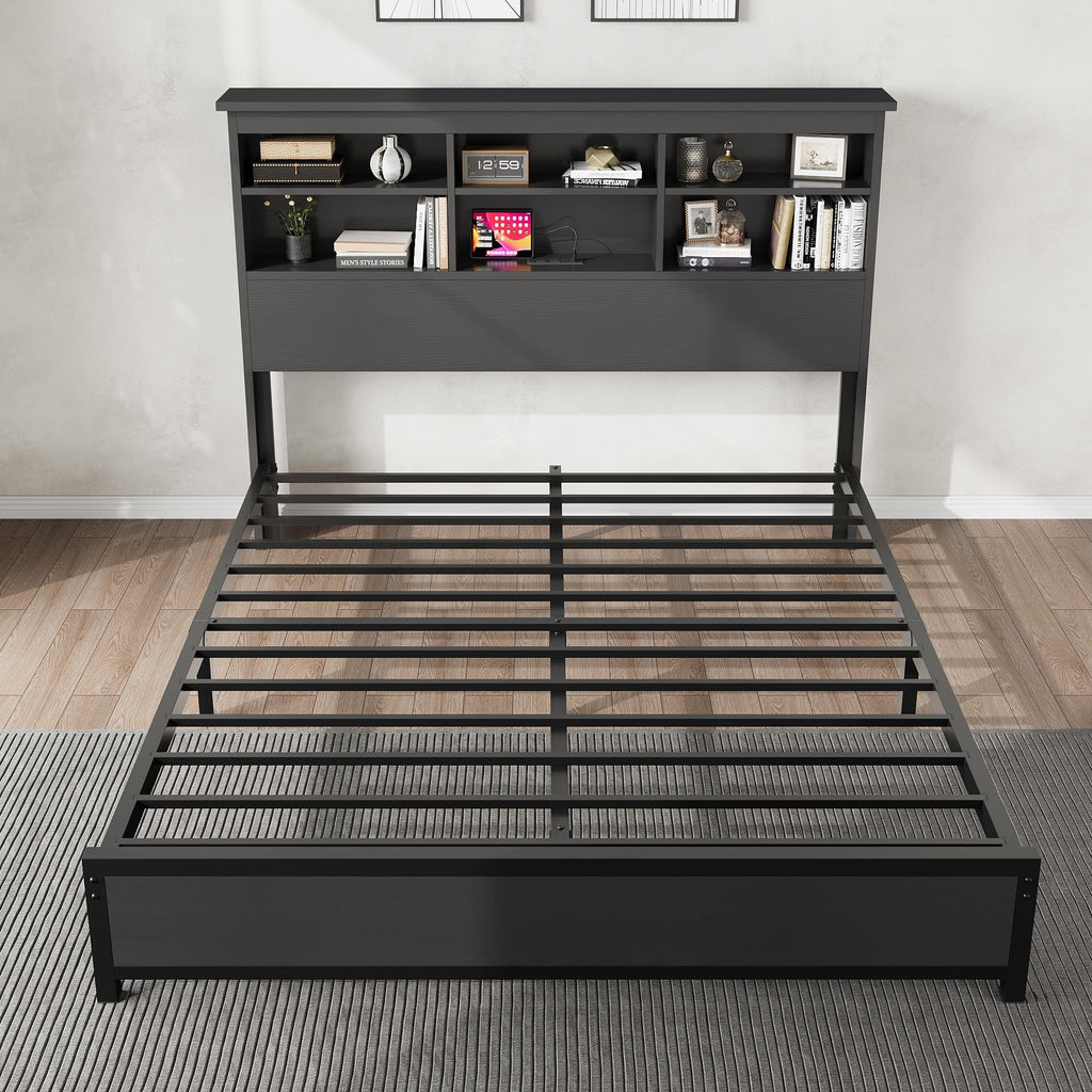 Garvee Queen Platform Bed Frame with Bookcase Headboard, Charging Station (USB & Type‑c), Tall Wooden Headboard, 9.6" Underbed Storage, No Box Spring Needed, Black