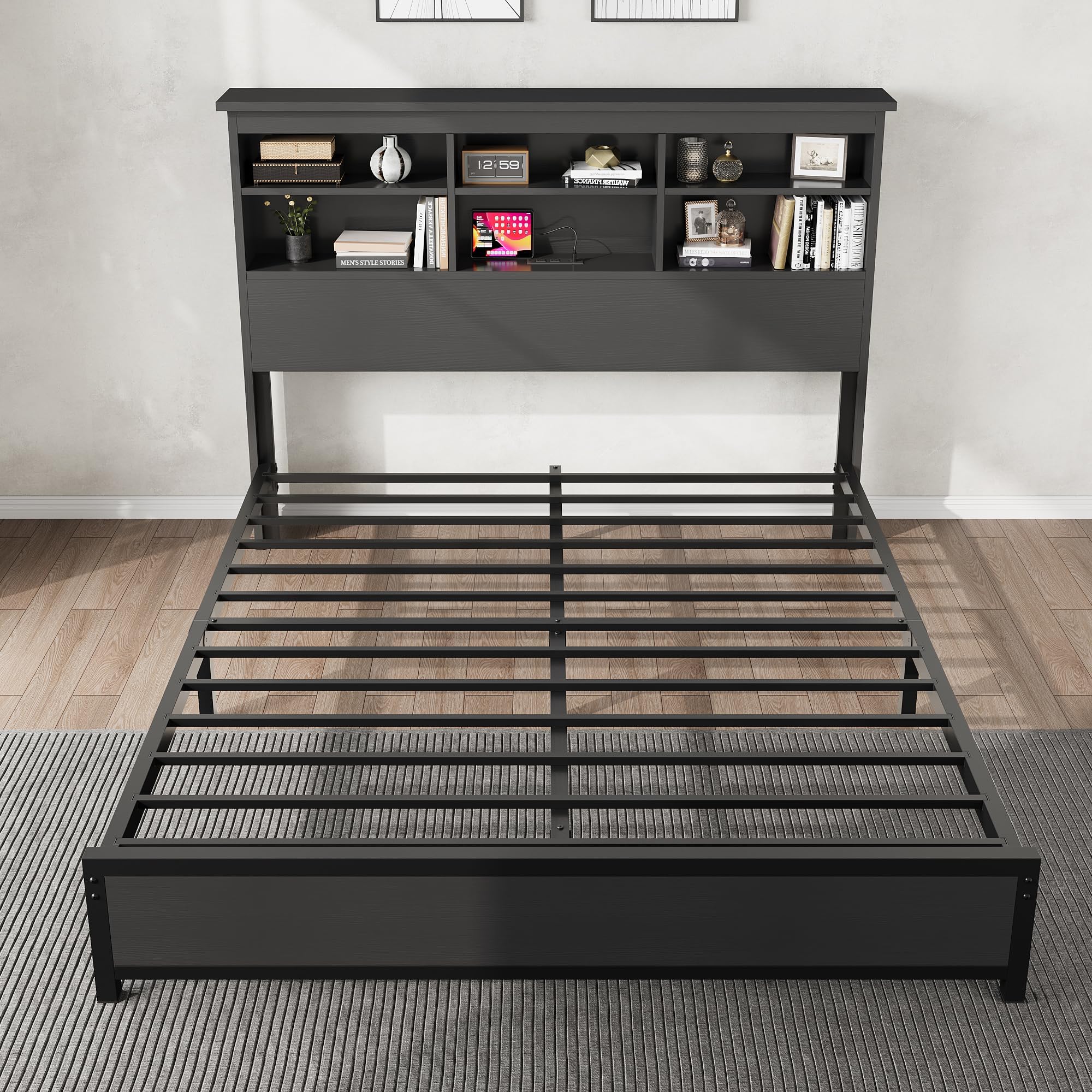 Garvee Queen Platform Bed Frame with Bookcase Headboard, Charging Station (USB & Type‑c), Tall Wooden Headboard, 9.6" Underbed Storage, No Box Spring Needed, Black