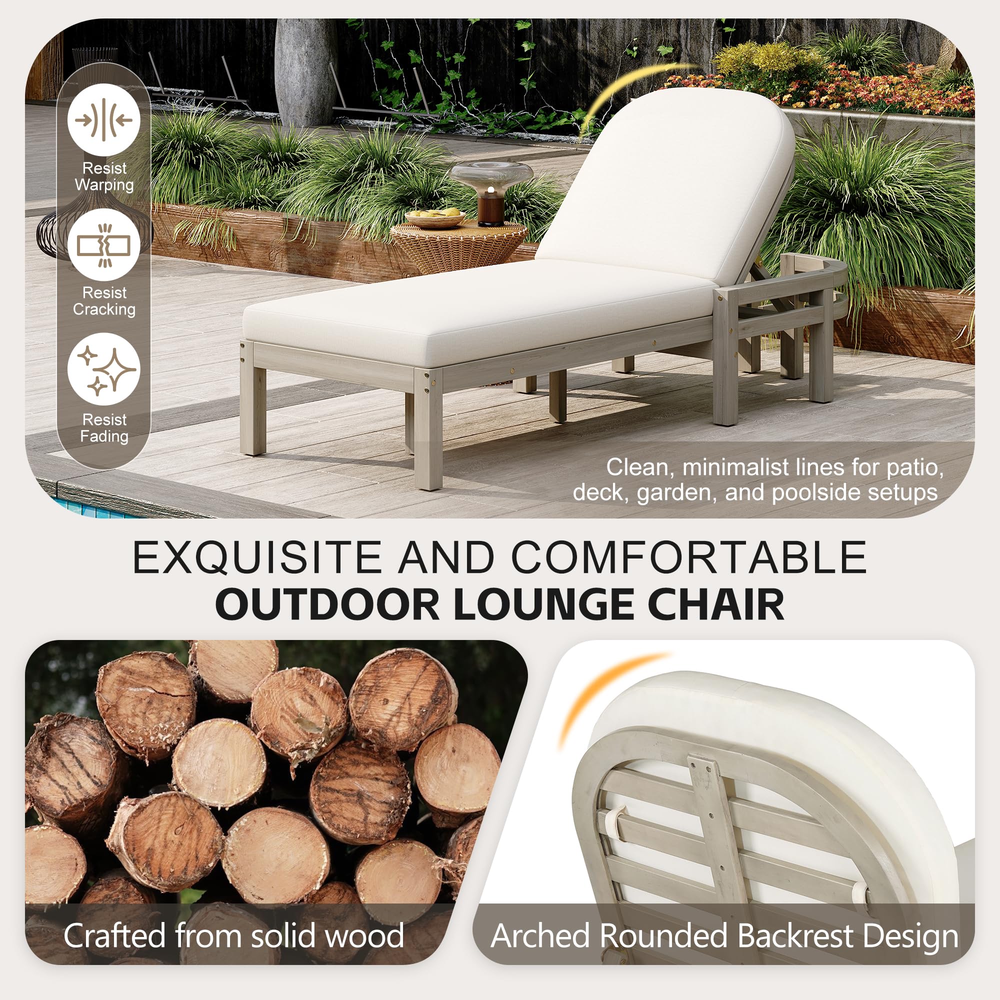 Merax Outdoor Chaise Lounge,Premium Acacia Wood Patio Recliner with Arched Backrest,5-Position Adjustable Backrest,Thick Cushion,Outdoor Lounge Chair for Poolside,Backyard,Deck & Lawn,Gray