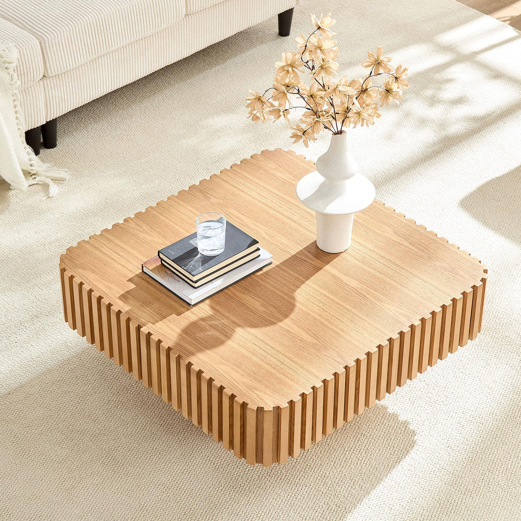 KEIKI 32" Handcraft Drum Square Wooden Coffee Table with Sturdy MDF Pedestal, Modern Style Solid Wood Relief Coffee Table, Easy Assembly, for Living Room, Bedroom, Reception Room, Natural Ash