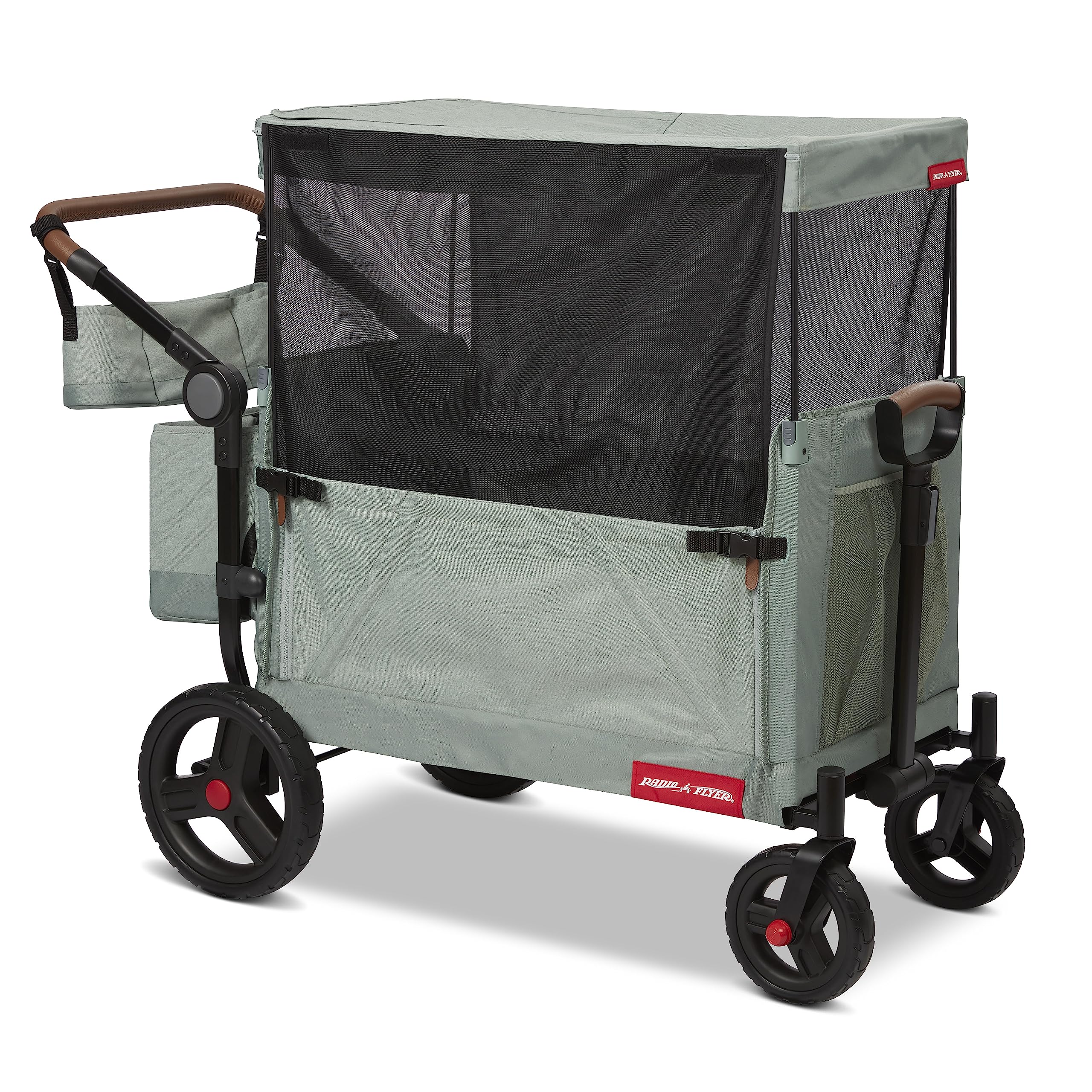 Radio Flyer Atlas Stroll 'N Wagon, Sage Green, for Ages 1+, 3-in-1 Push or Pull Versatility, One-Hand Fold, UV Canopy, 5-Point Harnesses, Storage Capabilities, Rubber Wheels, Stroller Wagon for Kids
