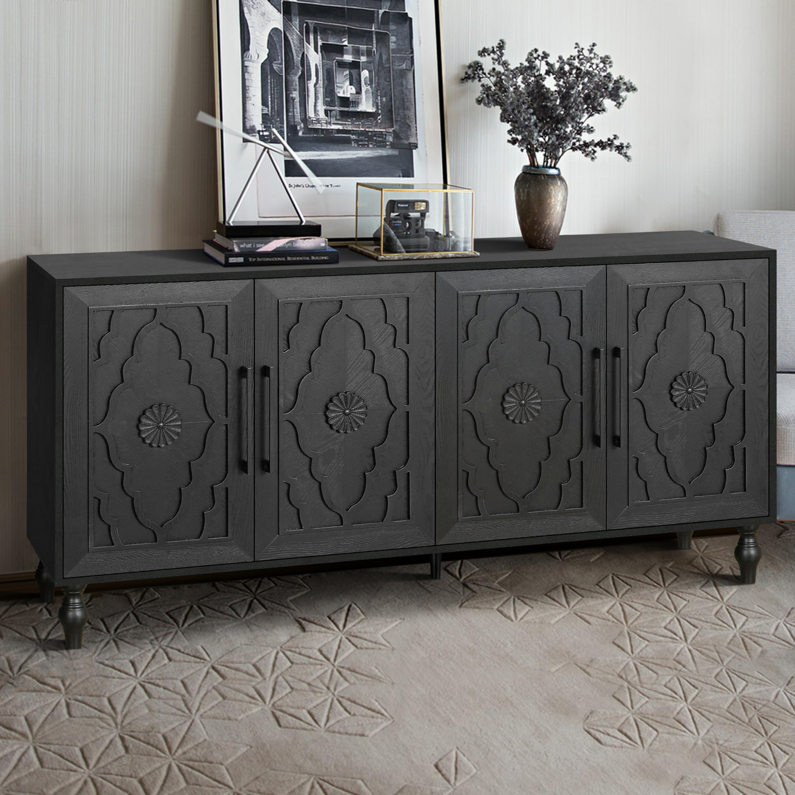 YOPTO Wood Storage Sideboard with Three Tempered Glass Doors and Adjustable Shelf,Large Buffet Cabinet W/Carved Flower Door for Living Room,Kitchen,Entryway,Black