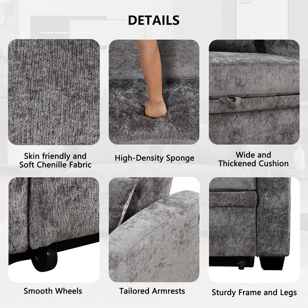 GDFStudio Pull Out Sofa Bed with USB Ports and Cup Holders, 3-Position Adjustable Backrest Chenille Loveseat, Sturdy Frame Compact Couch for Living Room Apartment Guest Bed, Gray