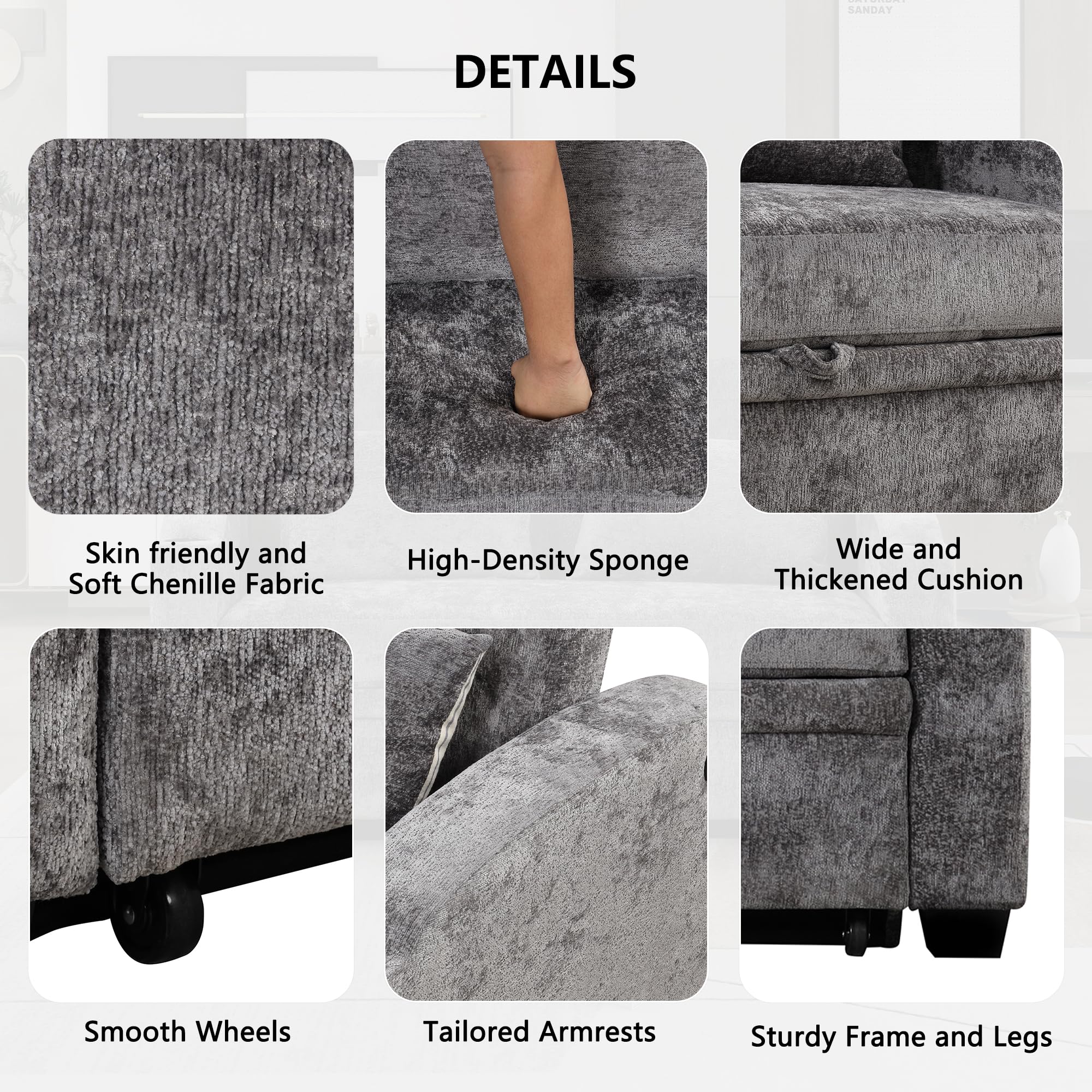 GDFStudio Pull Out Sofa Bed with USB Ports and Cup Holders, 3-Position Adjustable Backrest Chenille Loveseat, Sturdy Frame Compact Couch for Living Room Apartment Guest Bed, Gray
