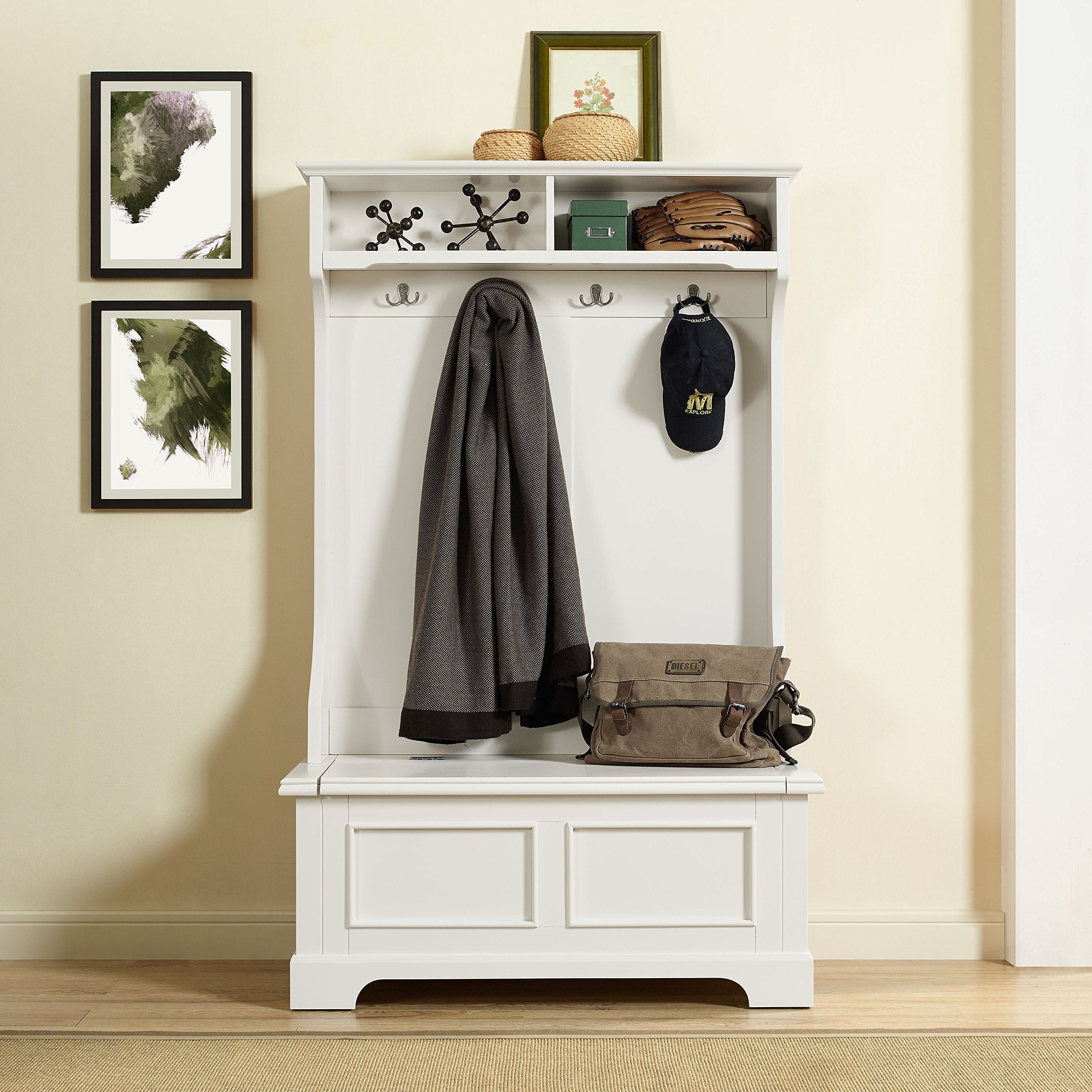 Crosley Furniture Campbell Hall Tree with Storage Bench and Coat Rack Hooks for Hanging, White