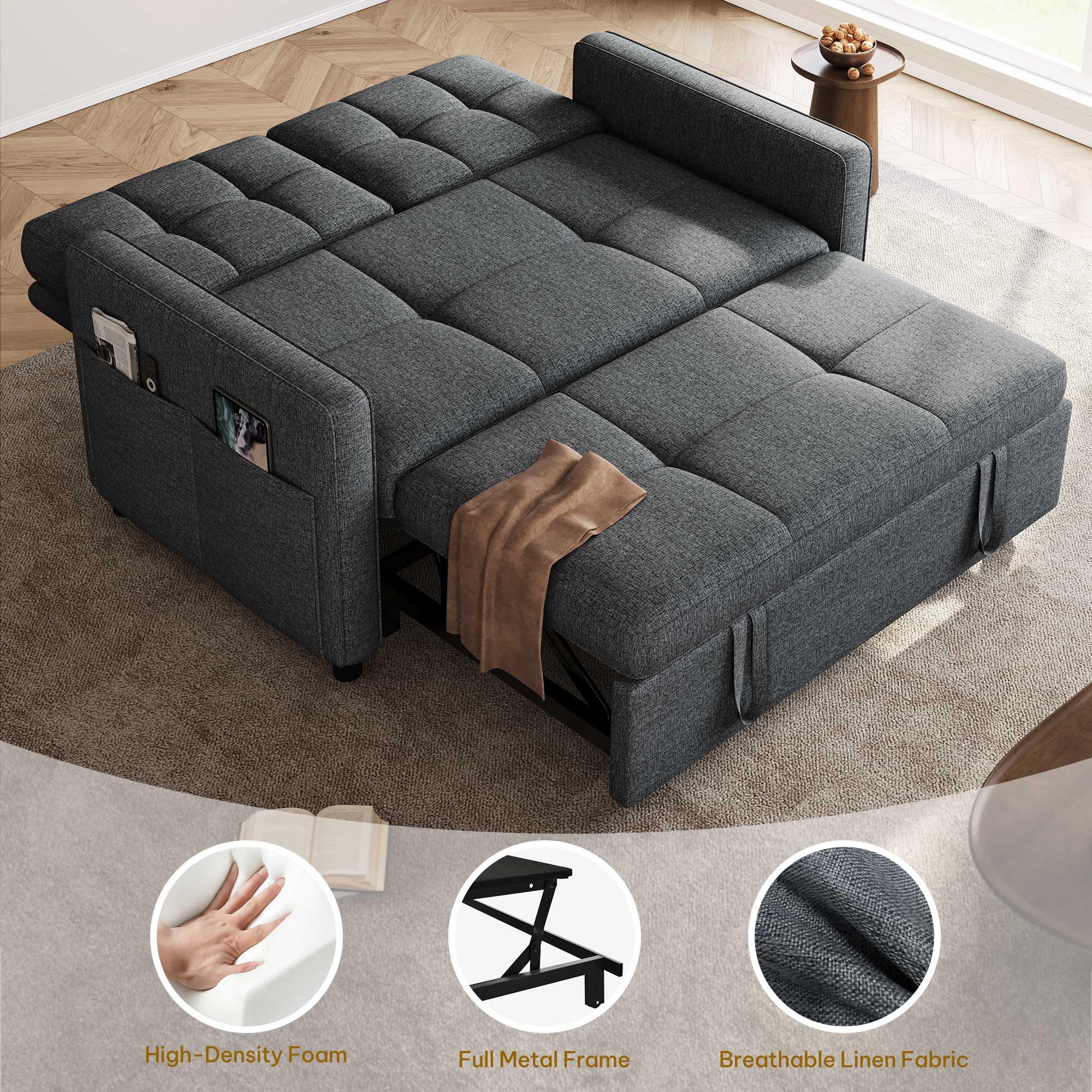 DWVO 55" Convertible Sofa Bed, 3-in-1 Sleeper Sofa with Pull-Out Bed, Linen Futon Couch with Adjustable Backrest and Side Pocket, Modern Loveseat for Living Room Apartment, Grey