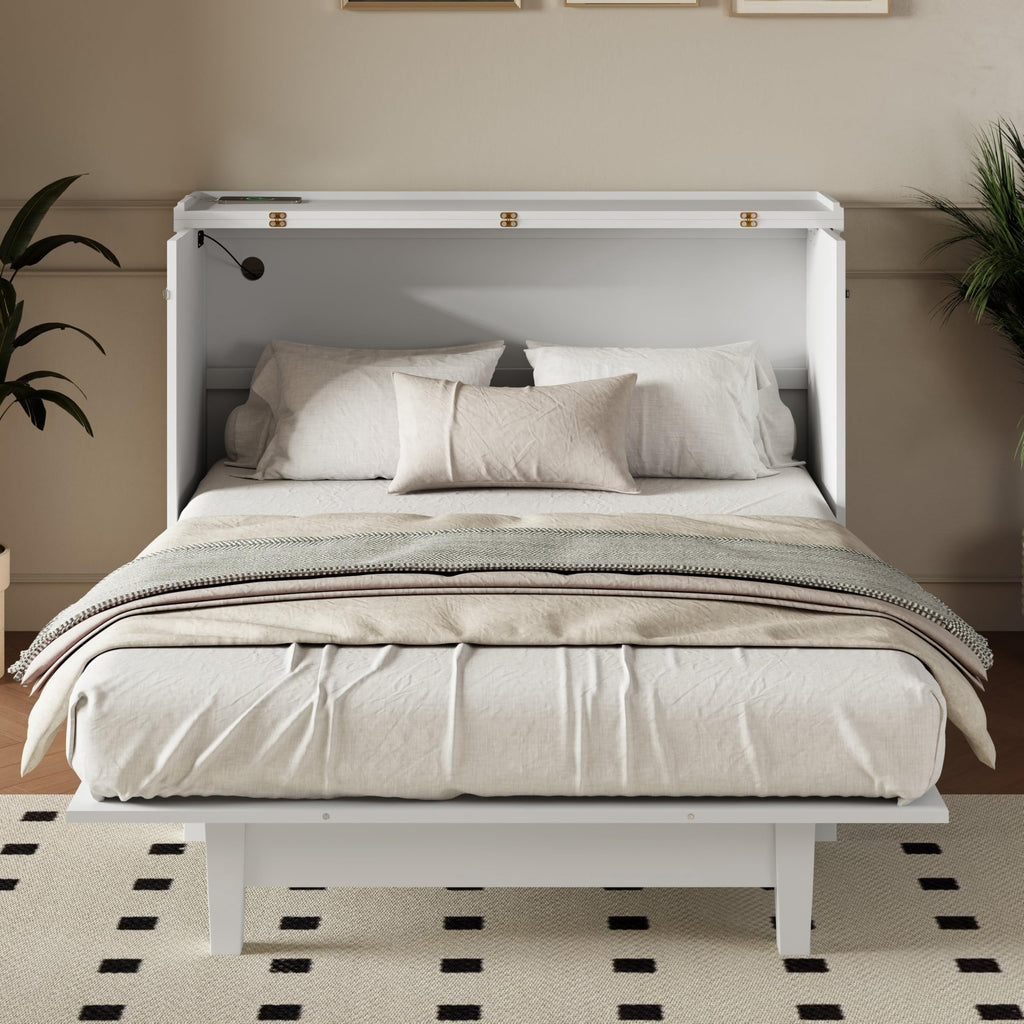 Merax Solid Pine Murphy Bed, Chest Cube Cabinet Bed with Charging Station and Large Storage Drawer for Home Office or Small Room, Full, White