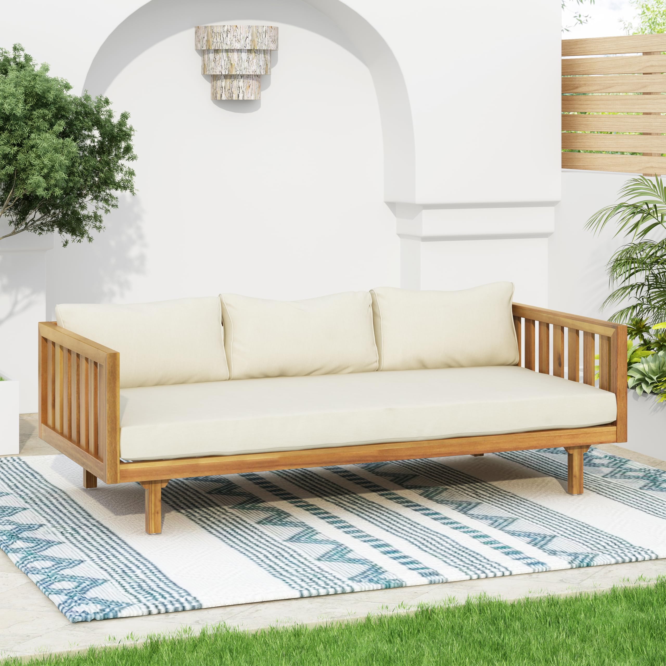 Christopher Knight Home Claremont Outdoor 3 Seater Acacia Wood Daybed with Fabric Water Resistant and Removable Cushions, Patio Garden Poolside Sofa with Slat Paneling Armrest and Back, Teak and Beige