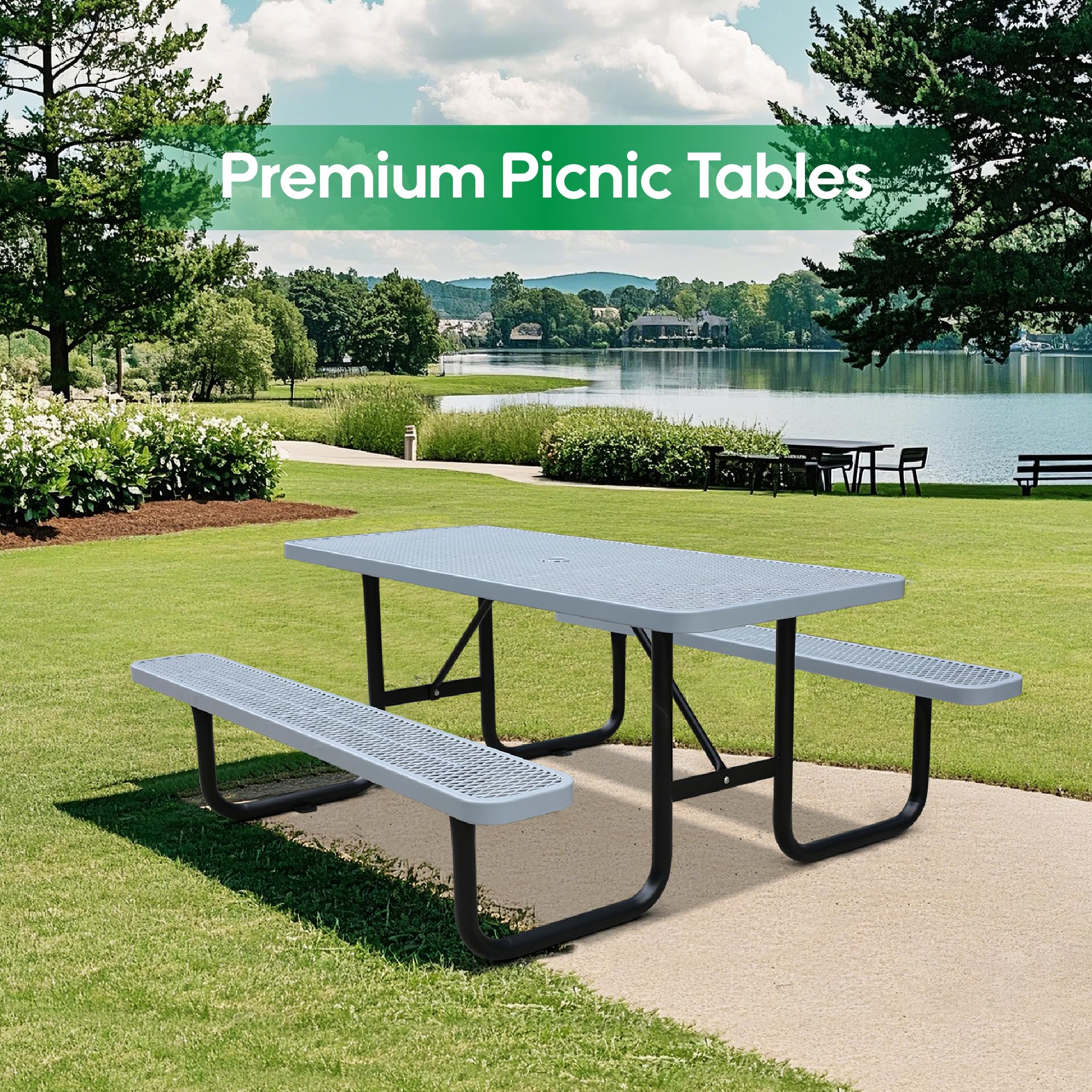 4FT Metal Picnic Tables for Outdoors, Commercial Rectangular Picnic Table and Bench Set for Outside, Patio, Garden, Backyard, Porch, Surface Mount, Grey