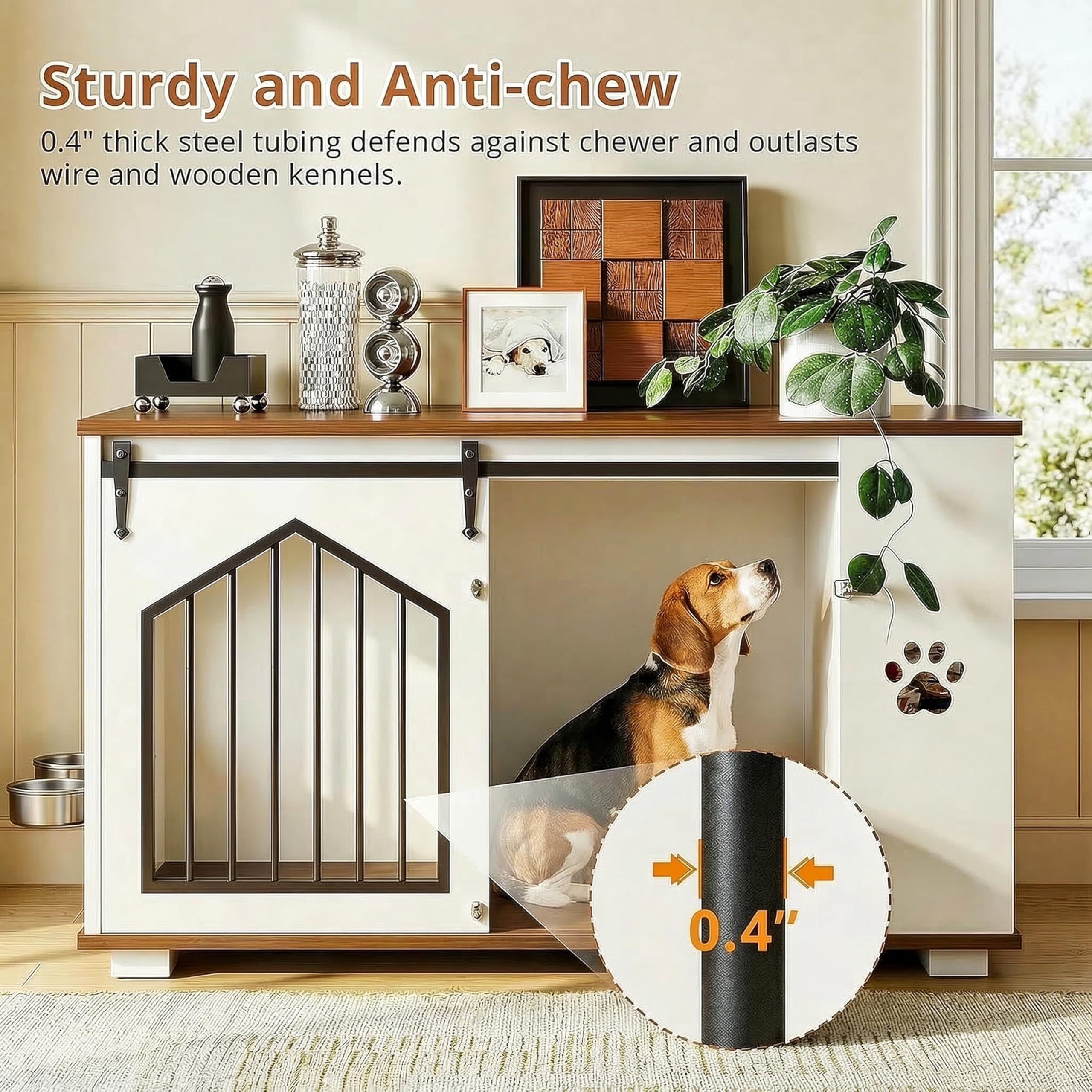 IRONCK Large Dog Crate Furniture with 2 Rotatable Dog Bowls, Wooden Dog Kennel with 2 Adjustable Shelves, Barn Doors Decorative Pet Cage Dog House as TV Stand, White